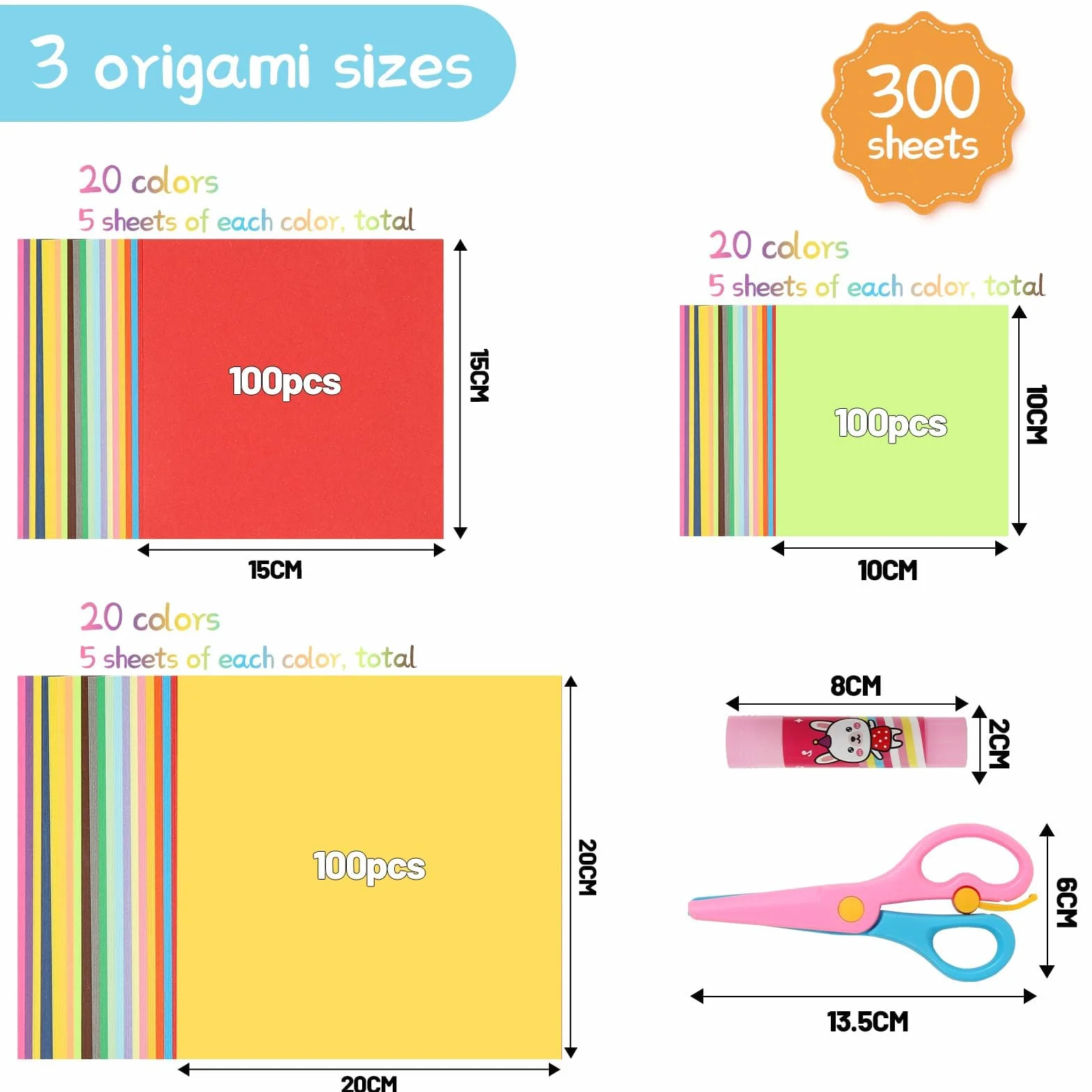 Gucass 300 Fogli di Carta per Origami, 20x20, 15x15 e 10x10 cm, Quadrati per Bambini e Adulti, 20 Colori Double Face, 70 g/m², Progetti Fai Da Te, Scuola, Artigianato