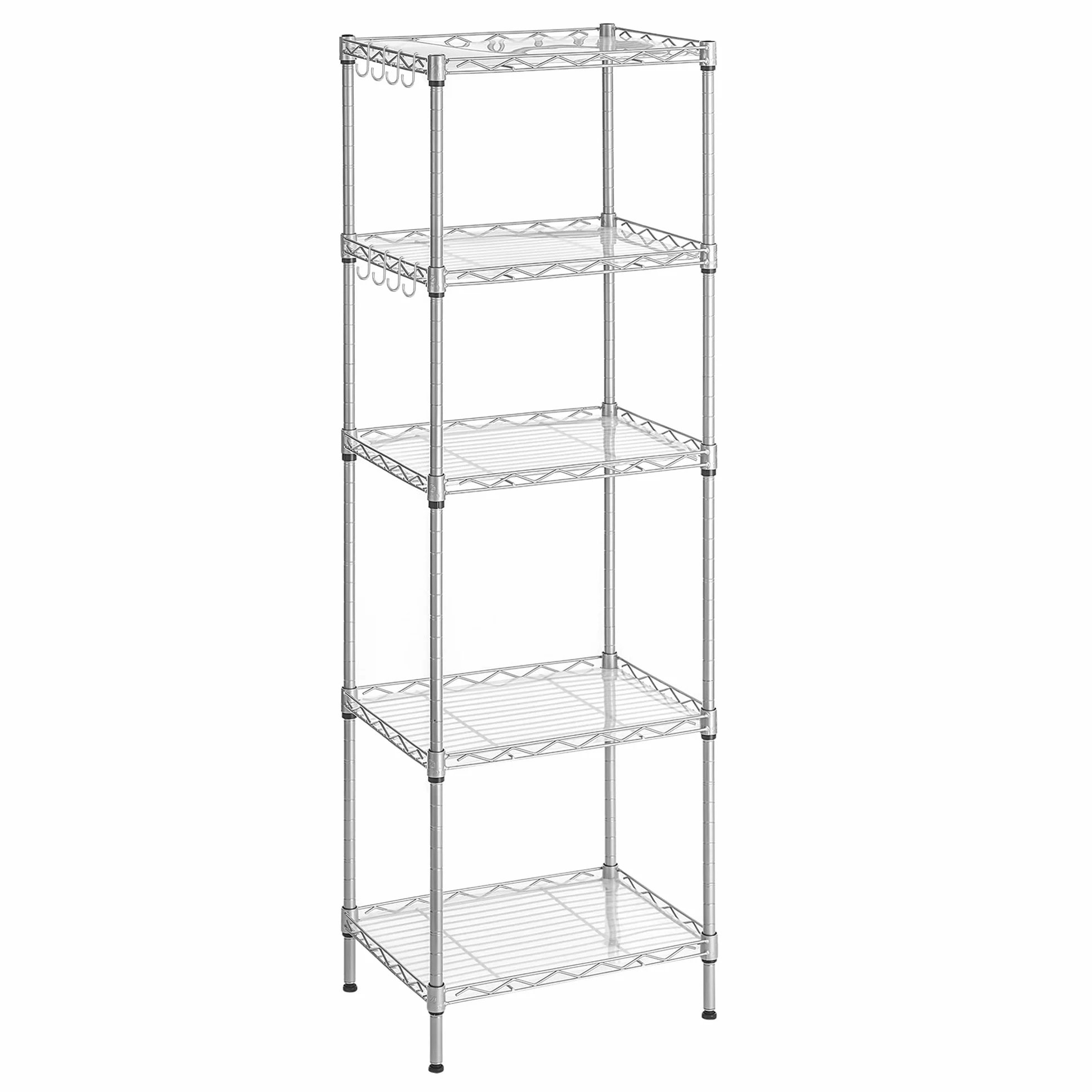 SONGMICS Mensola da cucina, scaffale a 5 livelli, sottile, 8 ganci, mobile da bagno, tavola in plastica, regolabile in altezza, in metallo, per cucina, argento LGR115E01