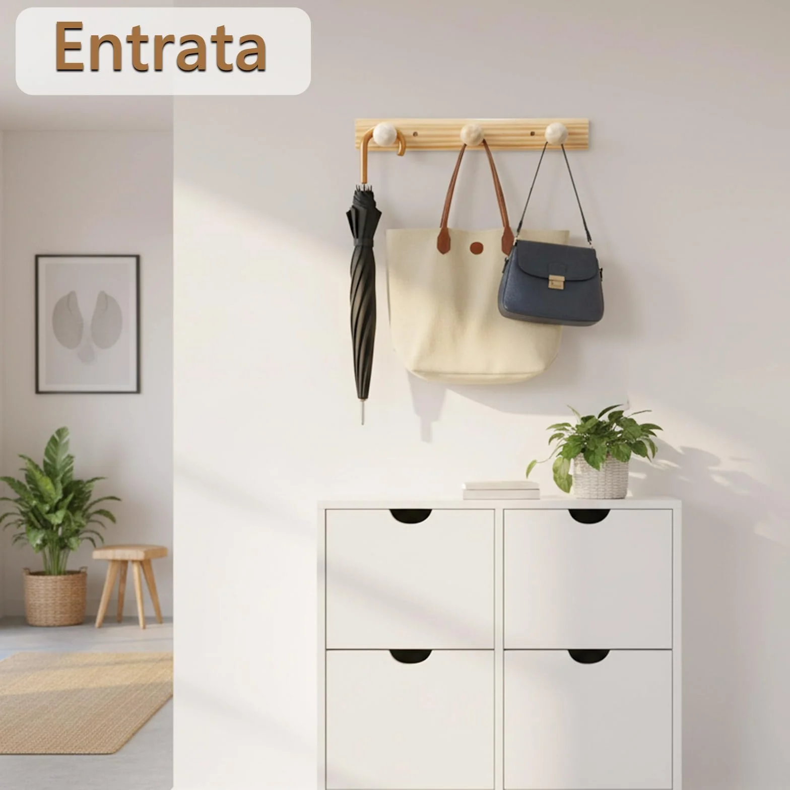2 Pezzi Appendiabiti da Parete in Legno Massello con 3 Ganci di Design Moderno Attaccapanni da Muro Salvaspazio per Ingresso Camera da Letto Bagno