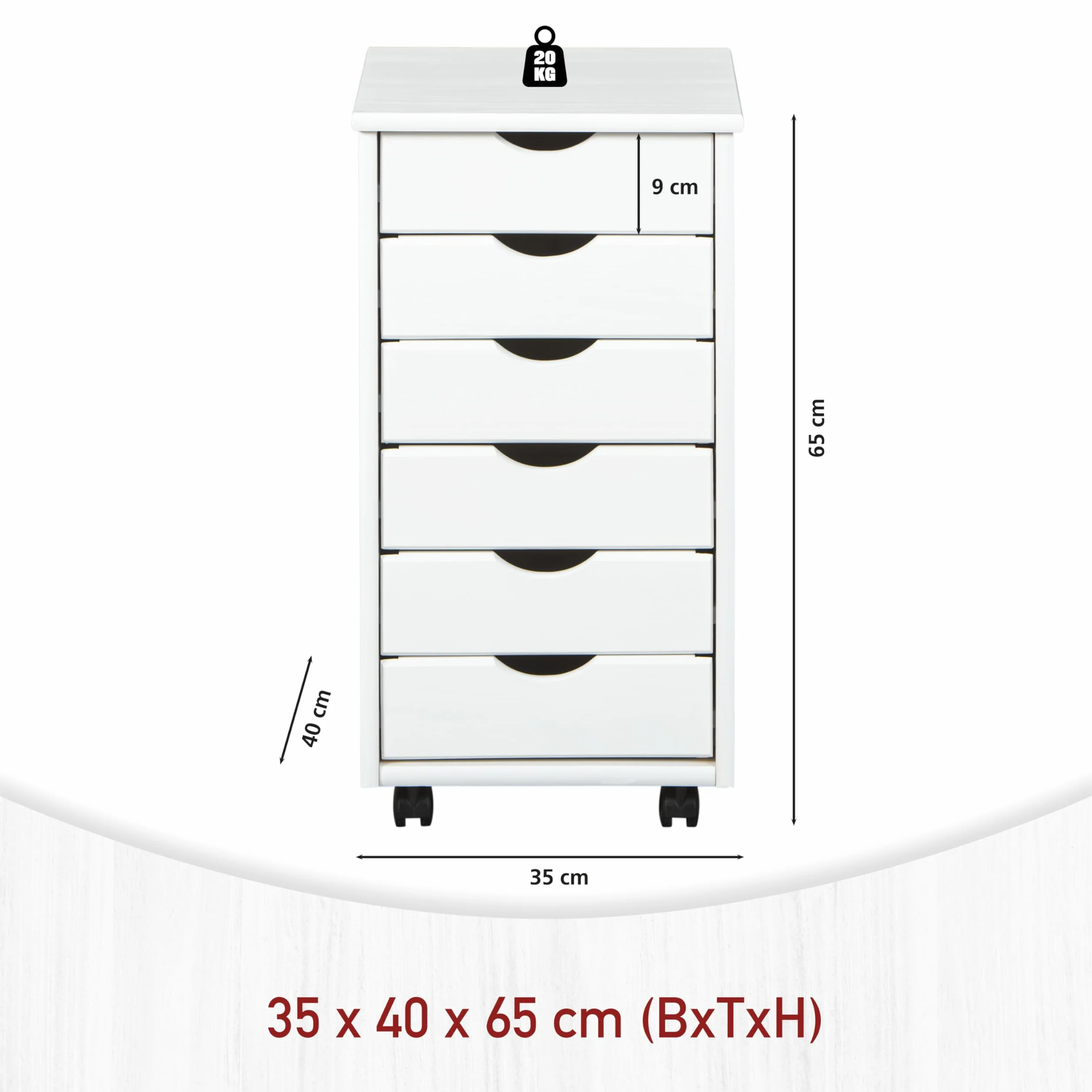 Inter Link - Piedistallo mobile - Piedistallo mobile con 6 cassetti - Piedistallo per ufficio - Mobile - Carrello mobile - Cassettiera - Legno di pino massiccio - Laccato bianco - 35 x 40 x 65 cm - Simon