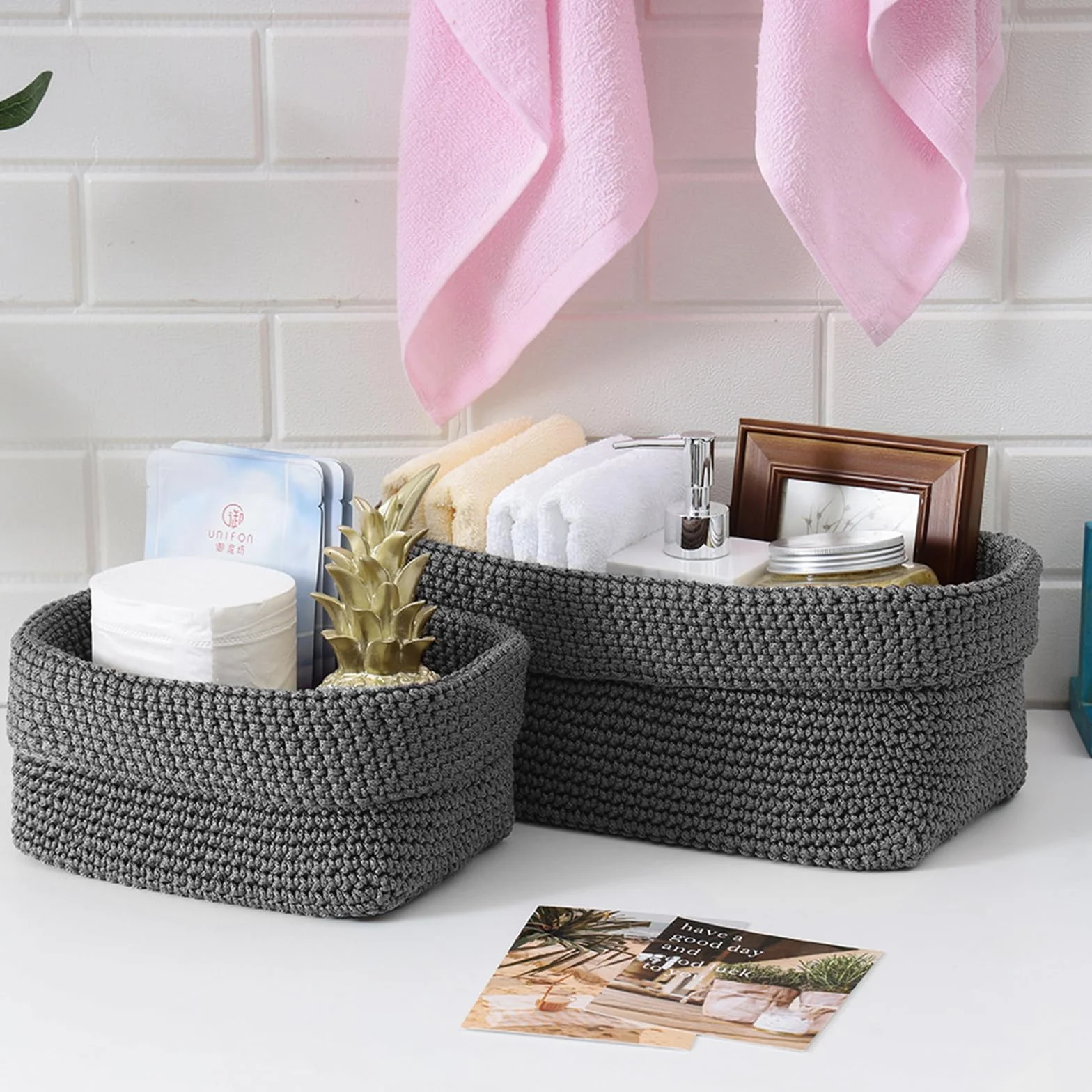 Cestini Portaoggetti Intrecciati a Mano, Piccolo Cesto Porta Oggetti per Camera da Letto, Bagno, Cucina (Grigio)