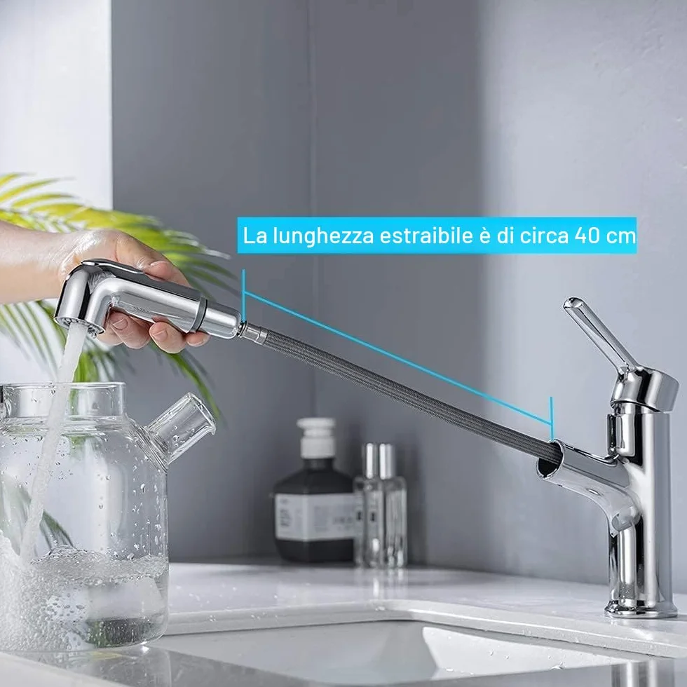ONECE Rubinetto Bagno Lavabo con Doccetta Estraibile, 2 Modalità Getto, Miscelatore Monocomando in Ottone Cromato, Aeratore Rimovibile, Rubinetti Acqua Calda e Fredda