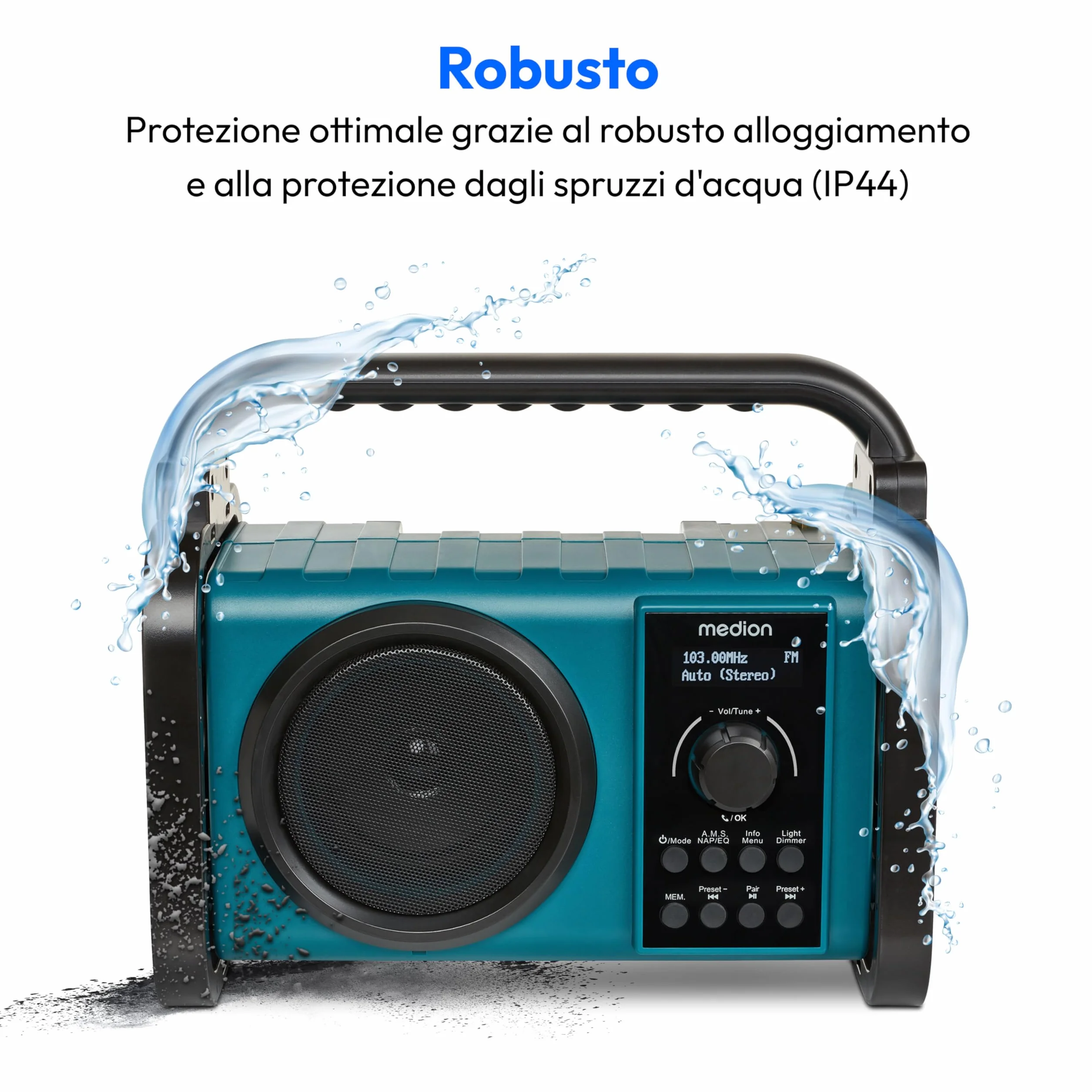 MEDION E66877 Radio da cantiere DAB+ (custodia robusta, resistente agli spruzzi (IP44), Bluetooth 5.0, radio FM PLL, luce di lavoro a LED, funzionamento a batteria e a rete) blu