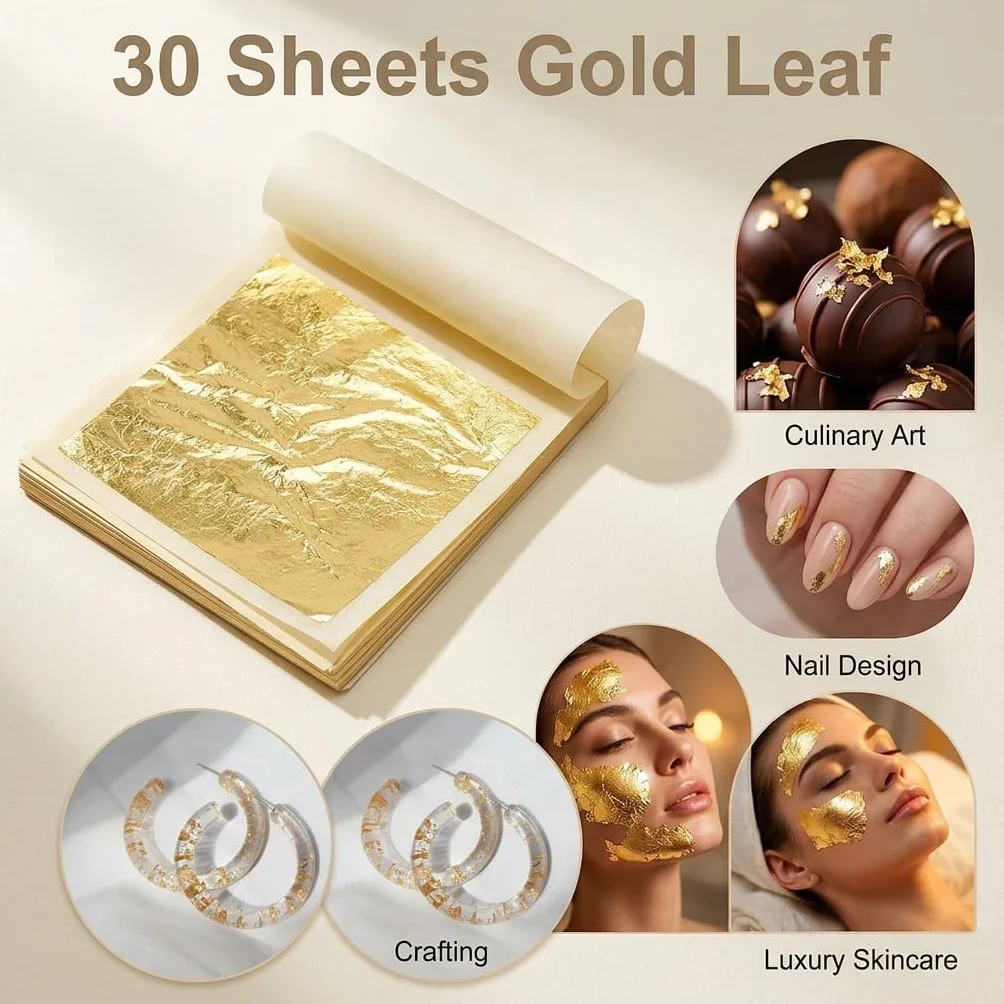 Foglia d'oro commestibile 24 carati, decorazione per torte, foglie d'oro commestibili, per fai da te, cioccolato, maschere facciali, nail art, torte, finte carta d'oro, set da 30 fogli