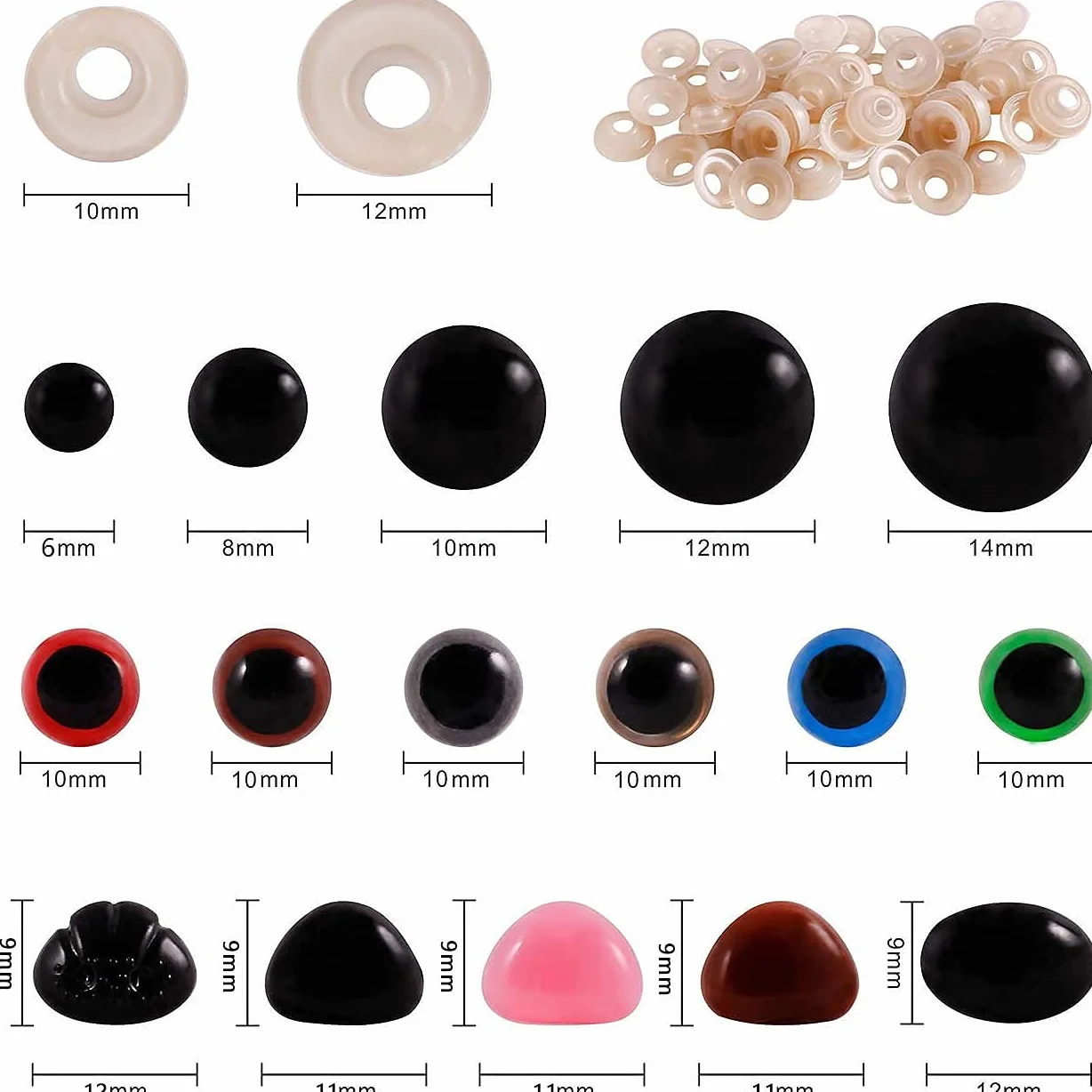 Occhi e Naso di Sicurezza per Amigurumi, Plastica Colorata, Ø 6~14 mm, 600 Pezzi con Rondelle
