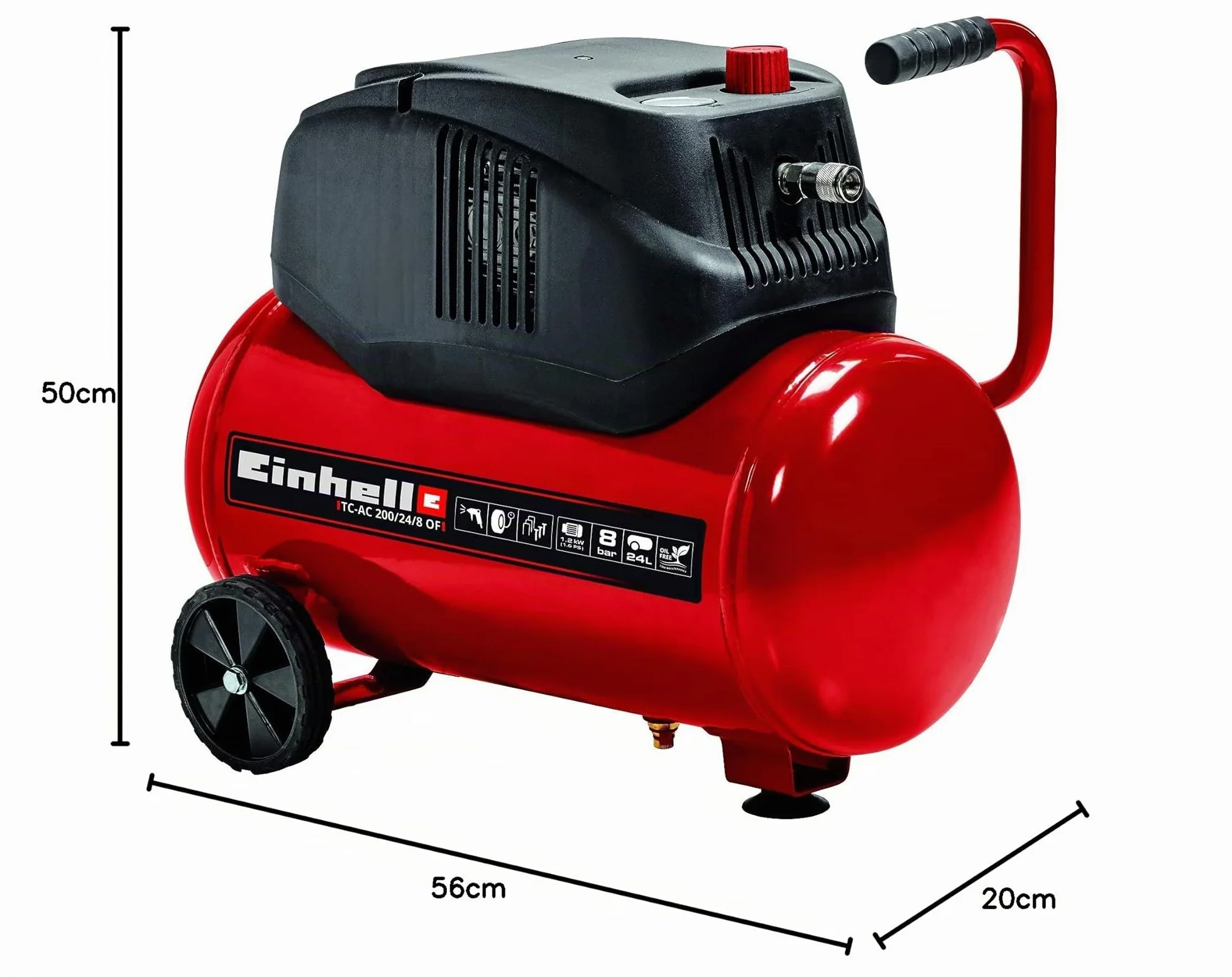 Einhell TC-AC 200/24/8 OF Compressore (220-240 V, 50 Hz, 1200 W (220-240 V, 1200 W, serbatoio aria 24l, max 8 bar, aria max 110 l/min., cilindri 1,autolubrificato -no olio,carrelato, inc. 1 manometro)