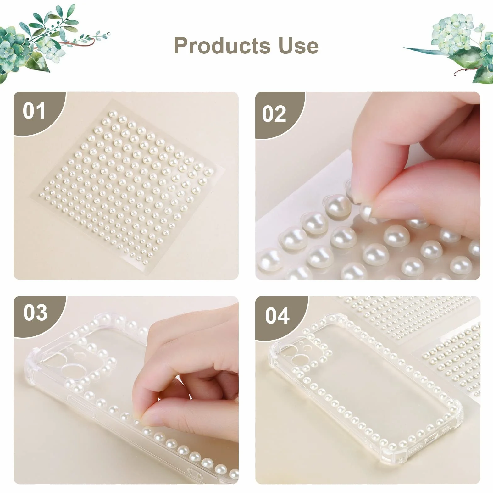 Vicloon Adesivo con Perle, 6 Fogli 990 Autoadesivi Strass Perla Rotondi Gemme di Cristallo Foglio, 2/3/4/5/6mm, Decorazione Fai Da Te Adesivi per Manicure, Bellezza e Decorare Telefoni Cellulari