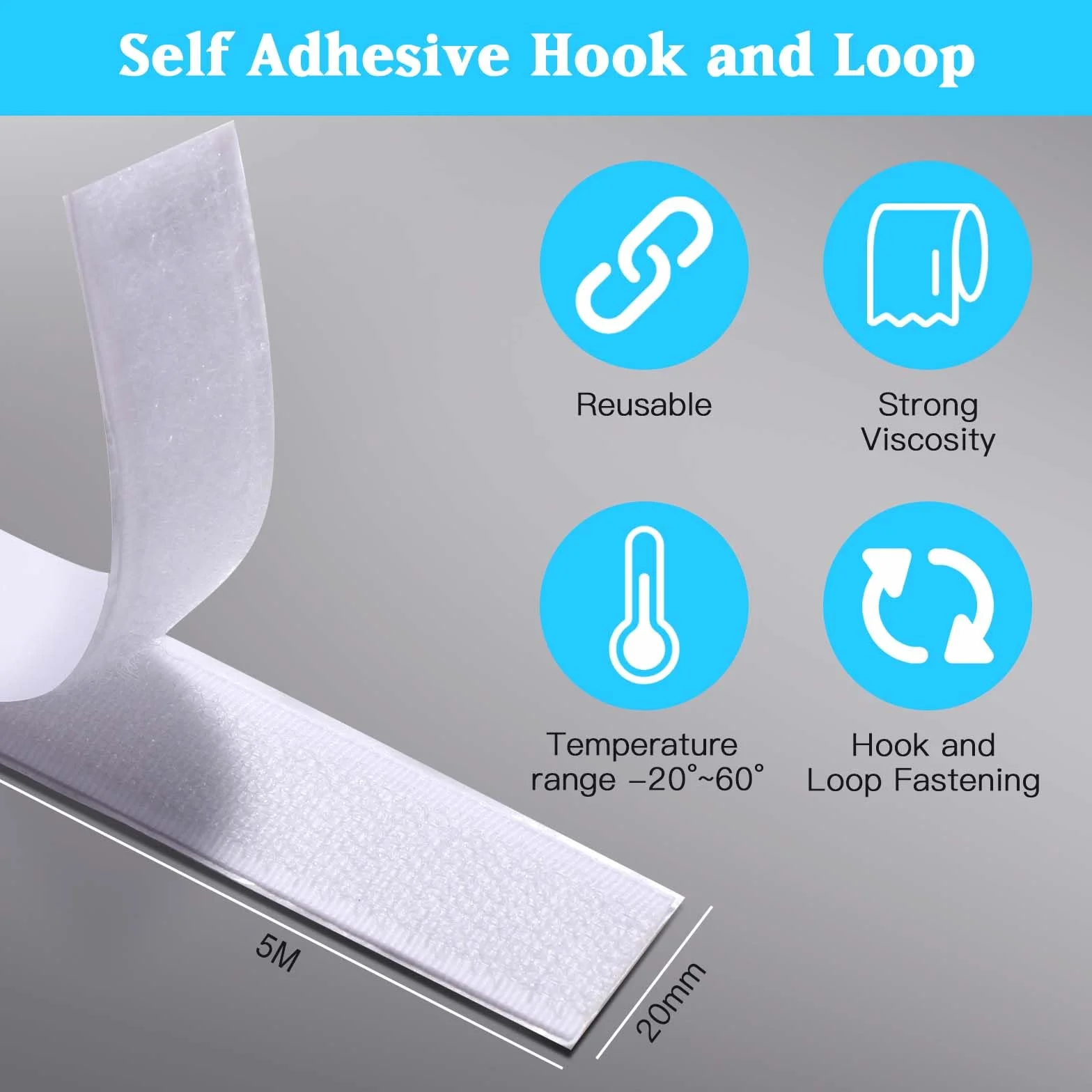 Vinabo Hook Loop Autoadesivo 5 M X 20 MM, Nastro Biadesivo Per Tessuti Hook Loop, Nastro Adesivo Forte Con Chiusura A Strappo Per Cucire (Bianco)