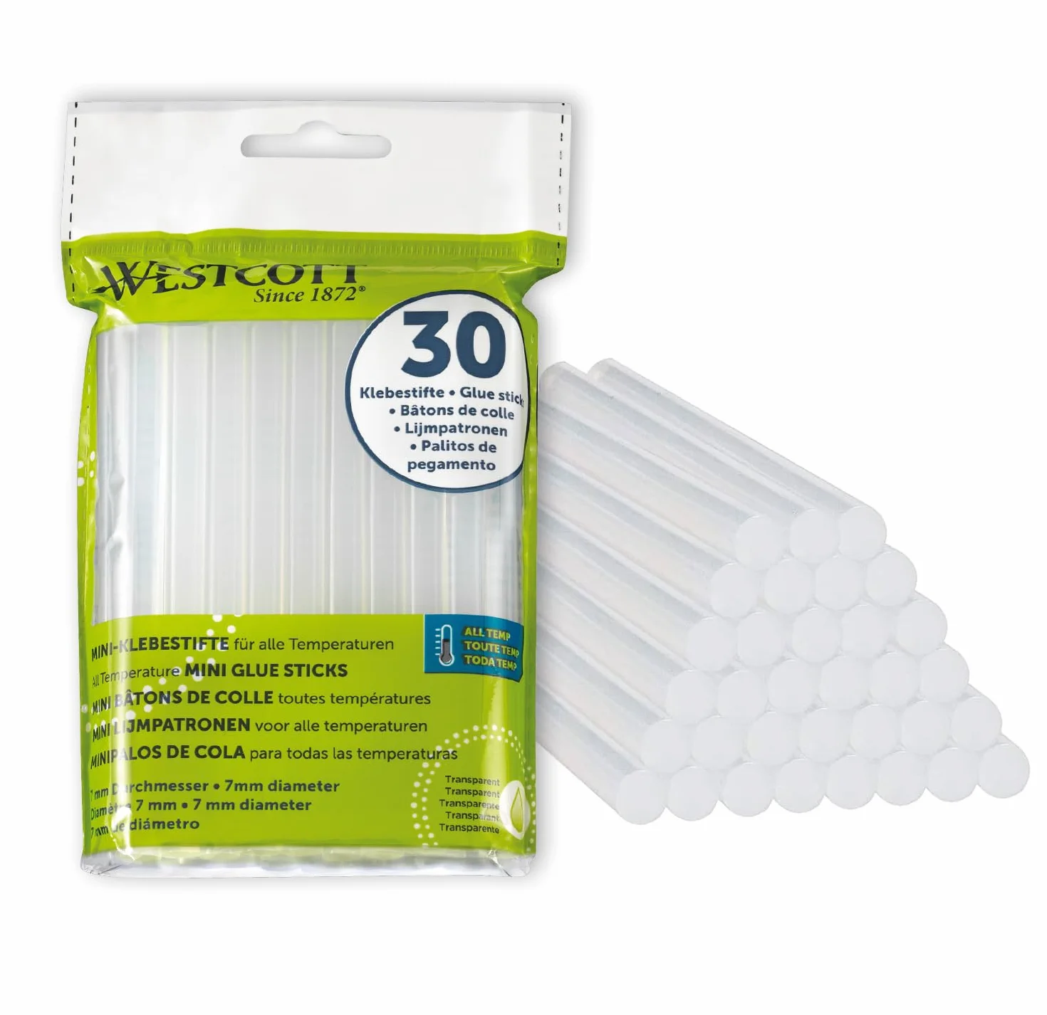 Westcott stick di colla a caldo 7mm 30 pezzi | Confezione da 30 ricariche di stick di colla per pistole a caldo in formato standard 7 x 102mm | trasparente | E-16837 00