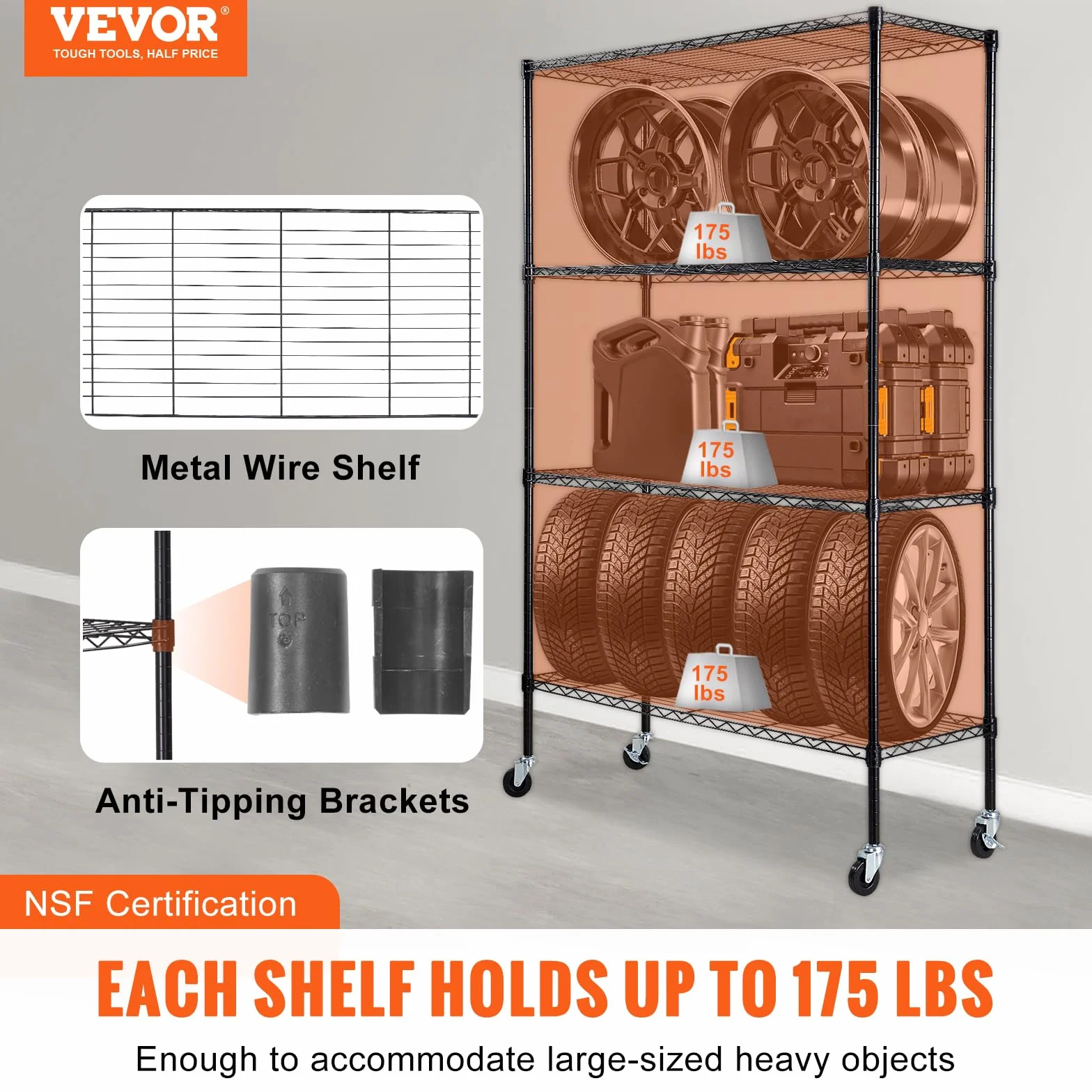VEVOR Scaffale portaoggetti con Ruote, 4 Ripiani Regolabili, Capacità 700 Libbre, Scaffali da Garage per Carichi Pesanti Scaffale Metallico Organizzatore in Metallo, Nero, 47,2"x17,7"x74"