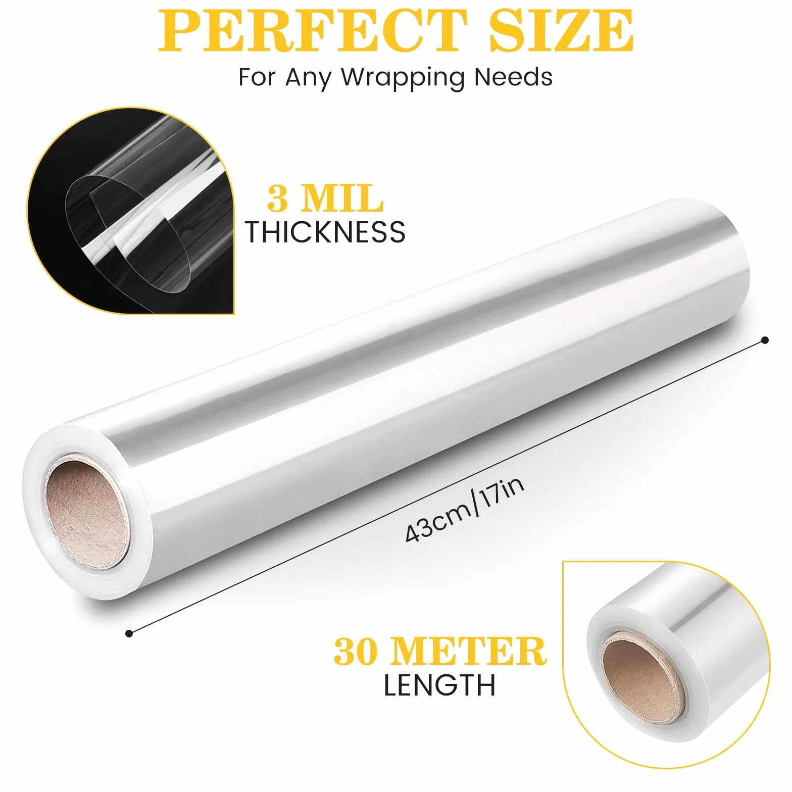 43 CM x 30 M, 3 Mil Cellophane per Imballaggio, Carta Regalo Rotolo, Sacchetti Trasparenti per Confezioni, Ideale per Bouquet di Fiori, Cesti Regalo, Decorazioni per Feste e Progetti DIY (1, 43cm)