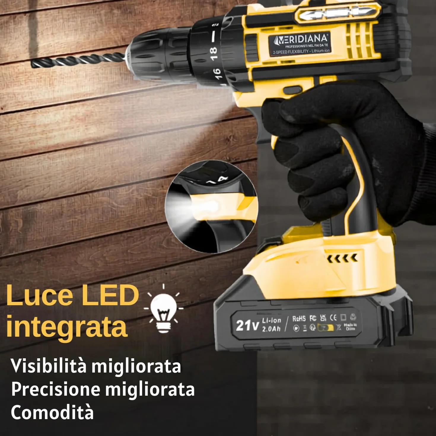 Meridiana - Set Trapano Avvitatore a Batteria, 21V Trapano a Percussione, con 2 Batterie, Bussole, Inserti Torx,2 Velocità, LED Luce e Prolunga Flessibile per Montaggio, Riparazioni e Manutenzione.