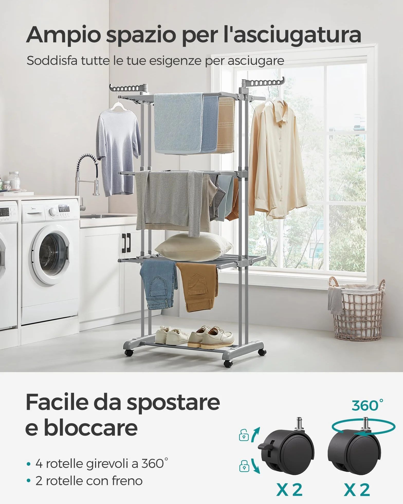 SONGMICS Stendibiancheria, Stendino Pieghevole a 4 Livelli, con Ruote e Ali Richiudibili, 63,5 x 128 x 173 cm, Capiente, Uso Interno ed Esterno, Grigio LLR701G01