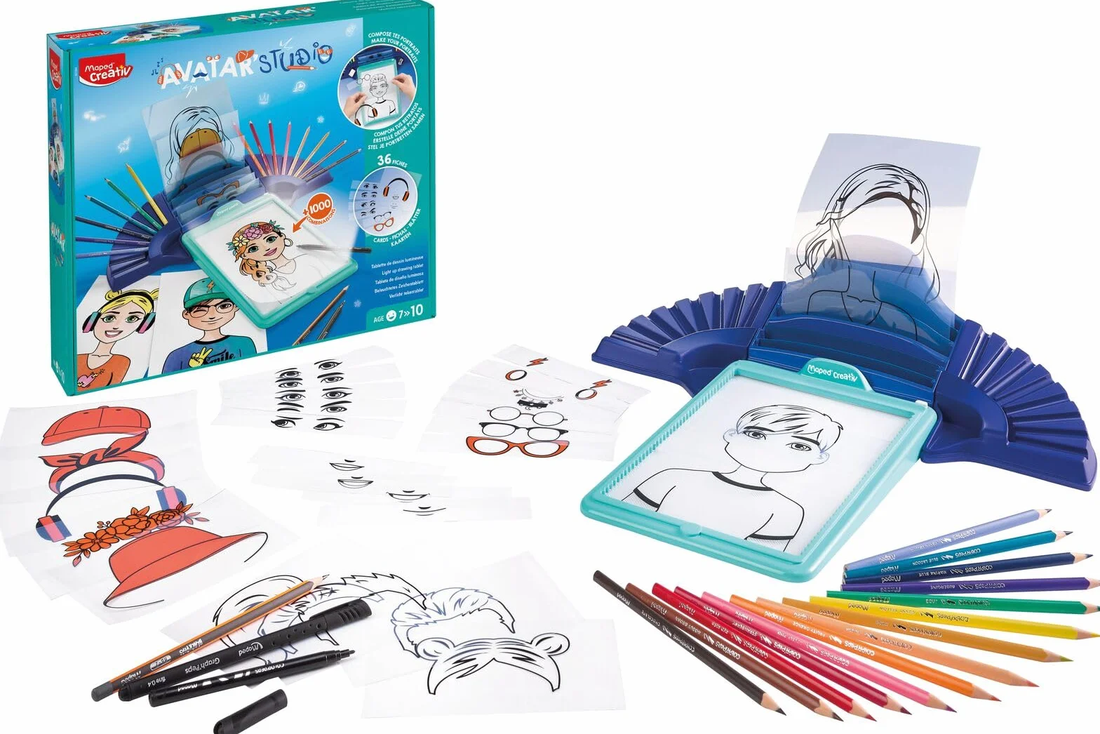 Maped - Artigianato per bambini - Avatar Studio - Collezione Creativ - Scatola luminosa da colorare - Include macchina da disegno con luce e 36 modelli per calcare - Calca e colora avatar