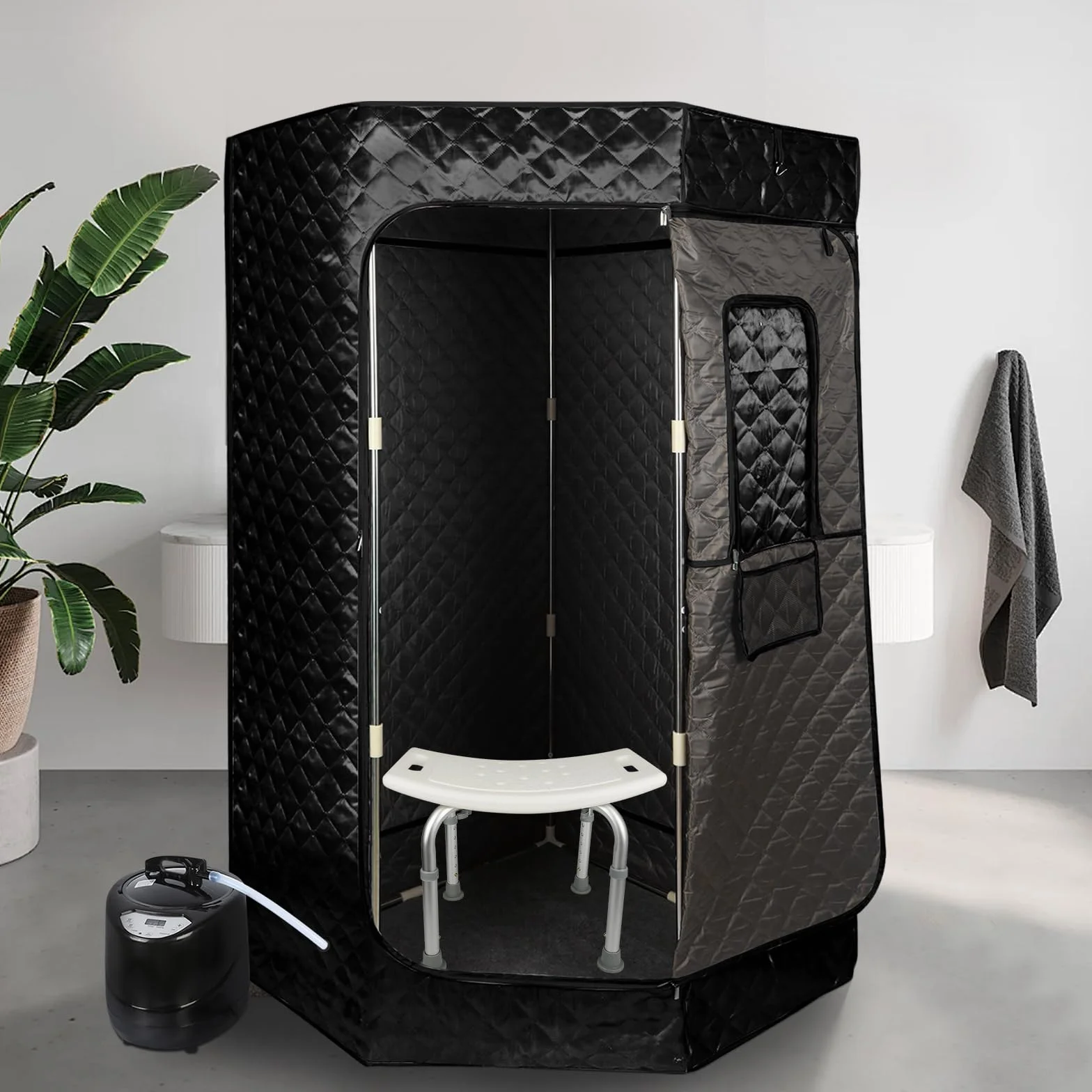 Sauna a Vapore Portatile, Cabina Domestica per SPA, 9 Temperature Regolabili, 0-99 Minuti, Telecomando,per Interna Esterno, Pressoterapia Iinfodrenaggio,90 * 90 * 180 cm (3L) (Nero)