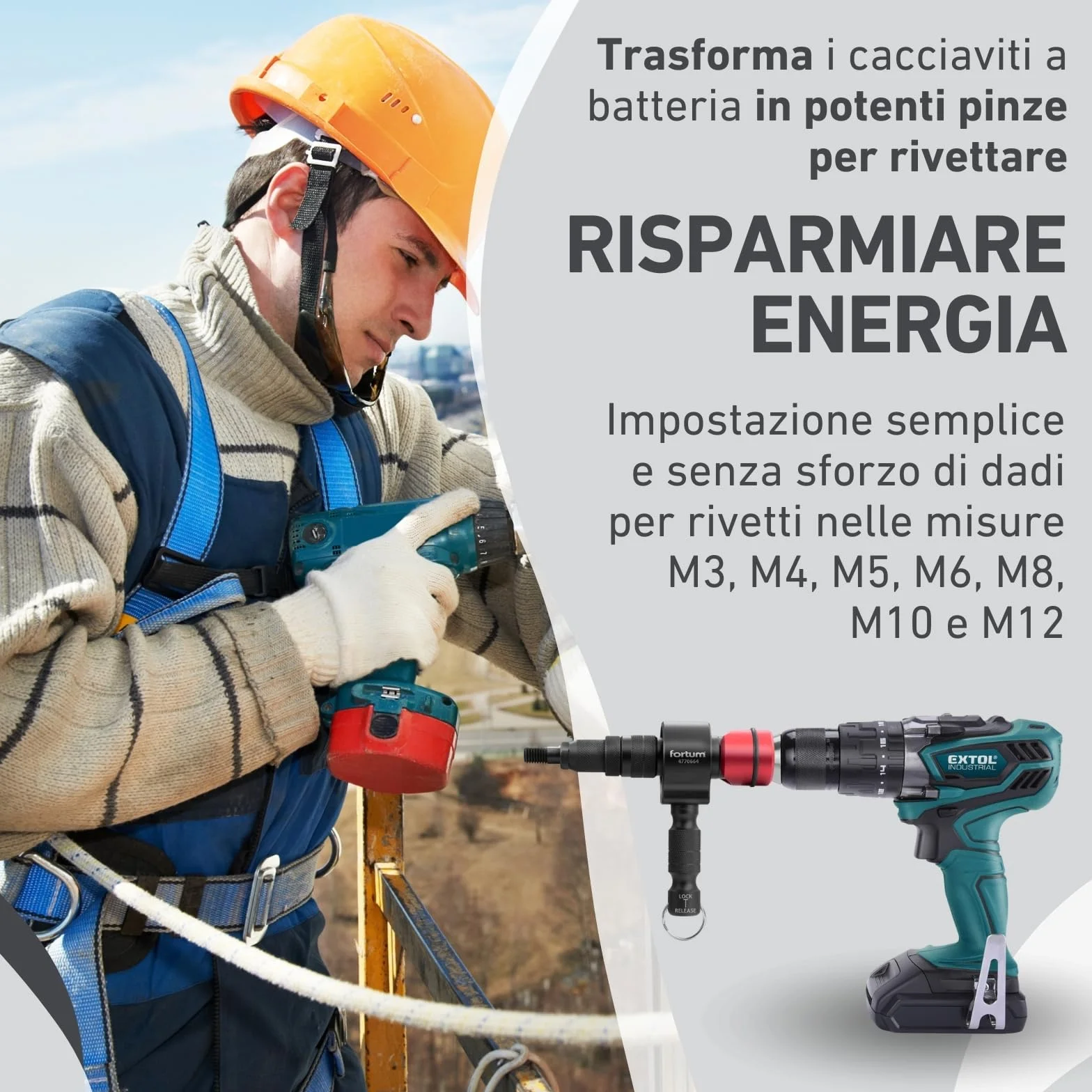 Adattatore per rivettatrice dadi M3-M12 alluminio acciaio inox per avvitatrice a batteria