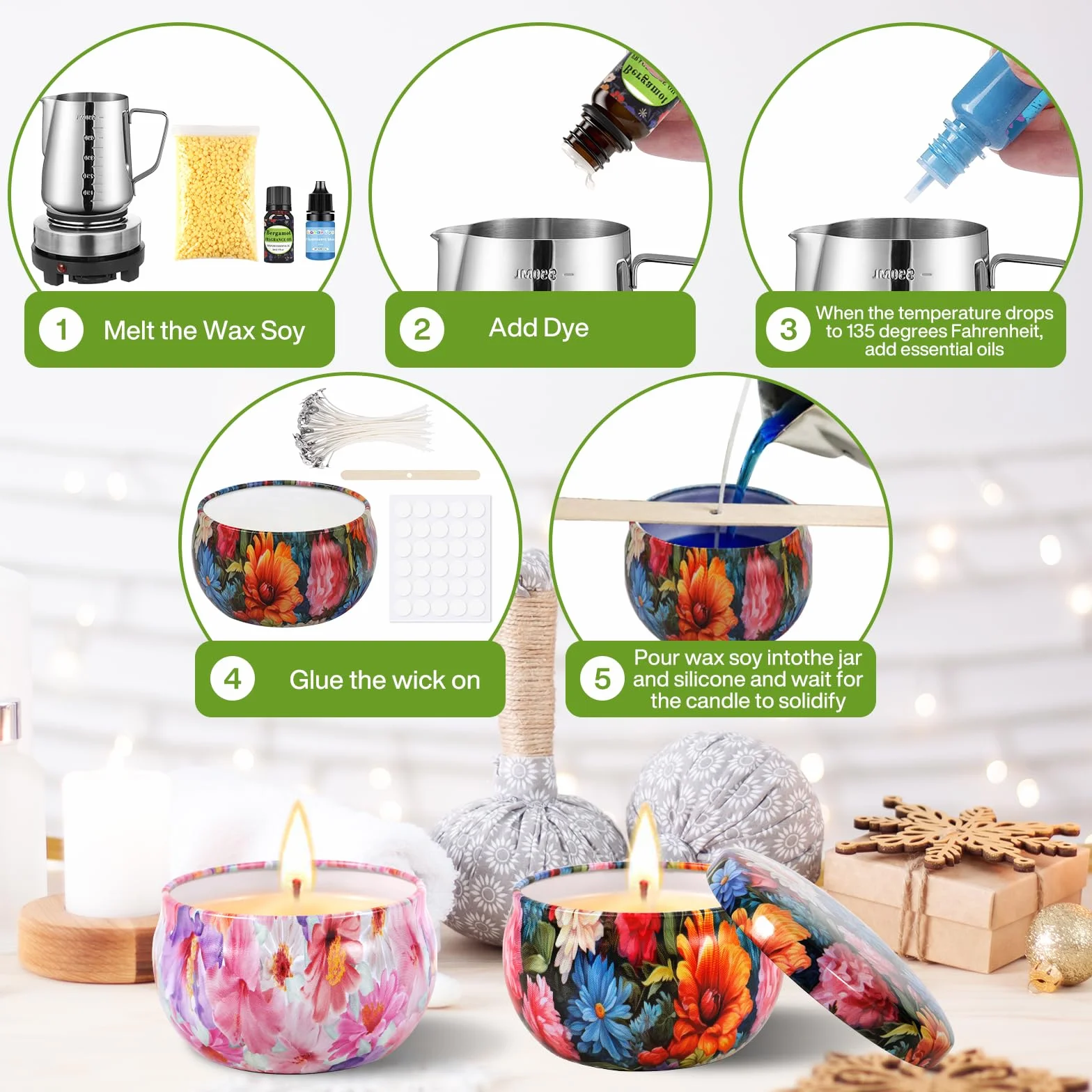 BBLTIFF Kit Candele Fai Da Te, Kit per Fabbricazione Candele, Kit per Candele con 480 g Di Cera d'api, 8 Vasetti di Candele, 4 Essenze Colorate e 4 Fragranze ect, per Principianti DIY Set Regalo