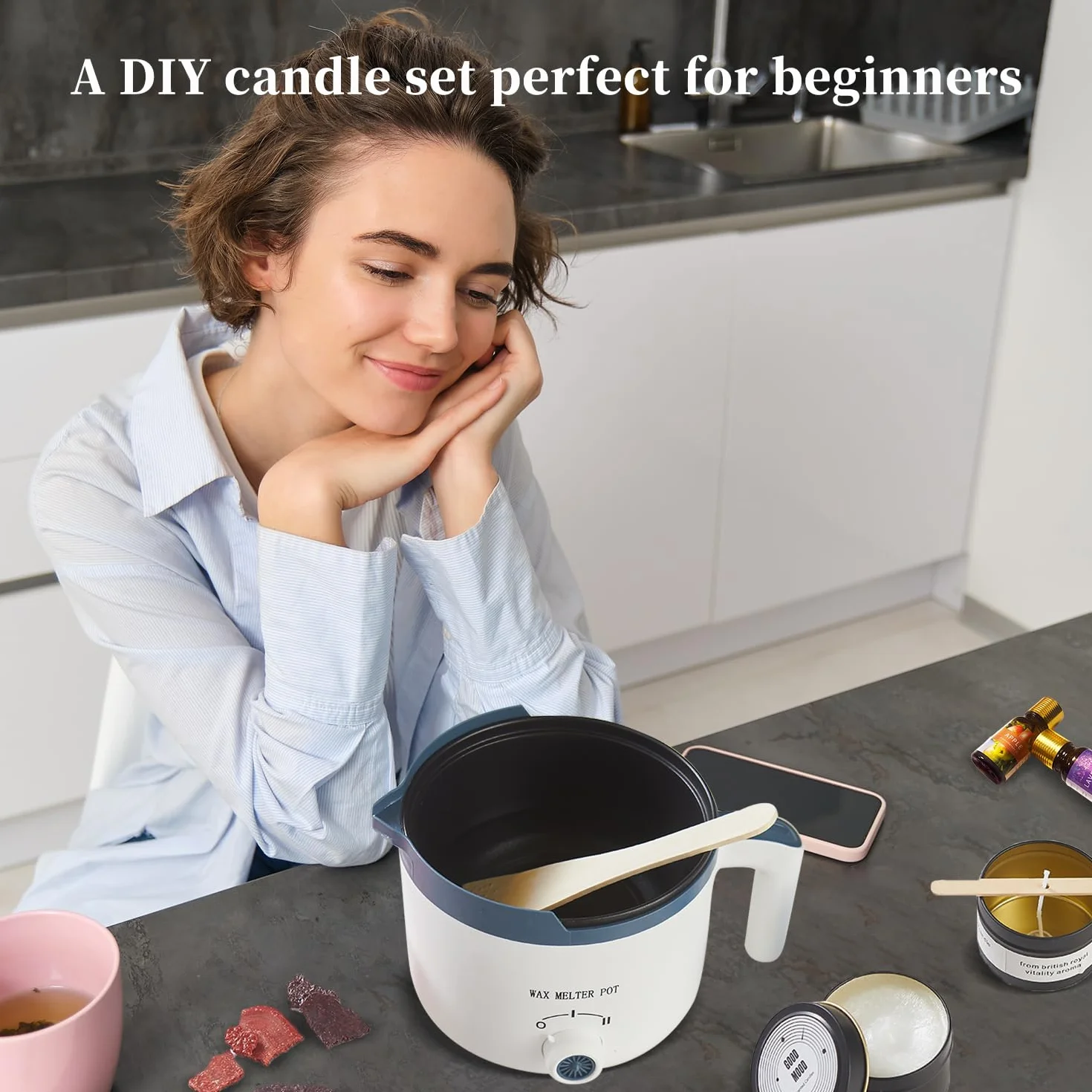 Kit di fabbricazione di candele di soia con fonditore di cera elettrico, Kit per Produzione di Candele per Principianti, inclusi 2 libbre di cera di soia, stoppini, profumi, coloranti, barattoli