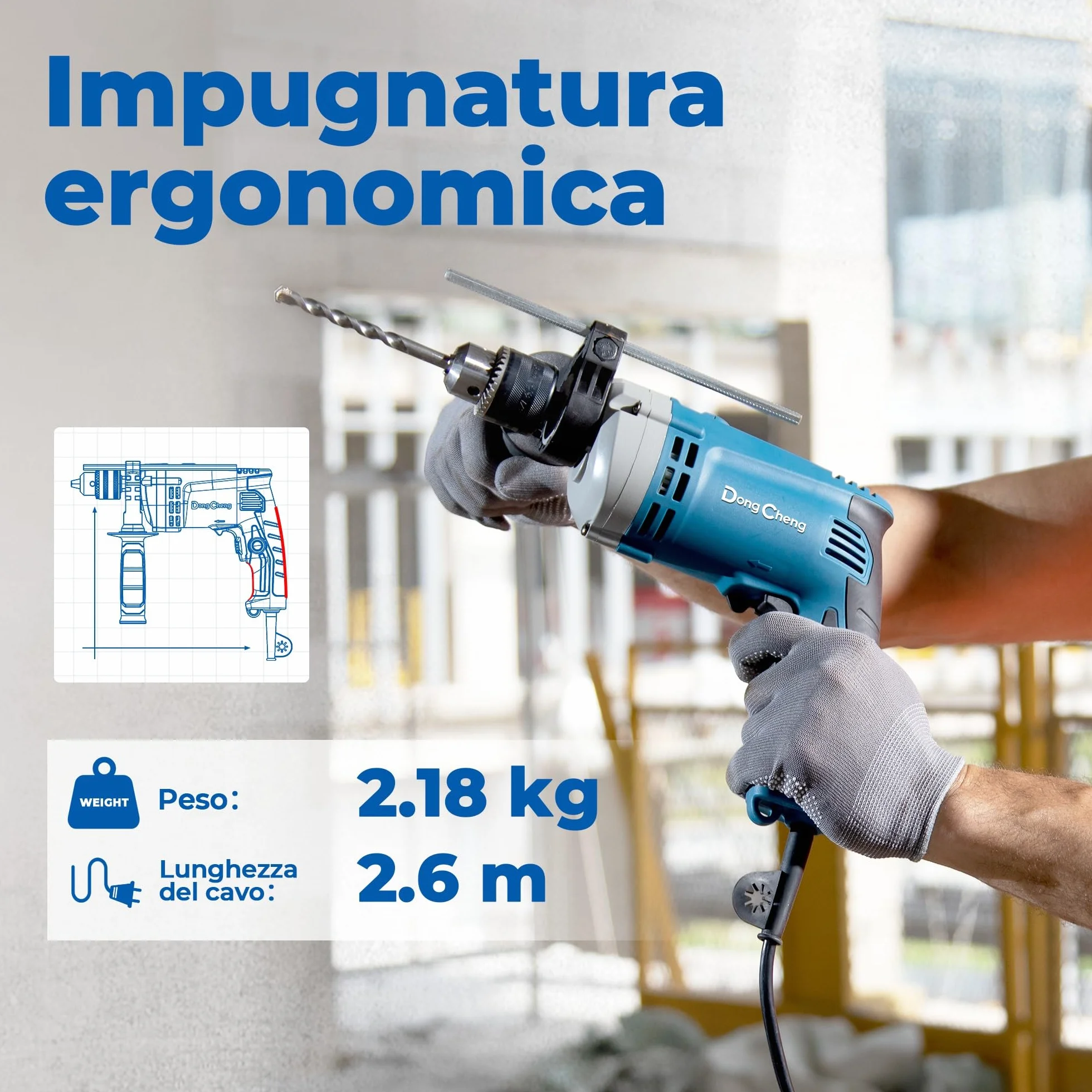 DongCheng Trapano a percussione 710W, trapano 2-in-1, mandrino da 13mm, 45.000 IPM, 3000 RPM, manico girevole a 360°, con 15 punte per metallo, legno e mattoni