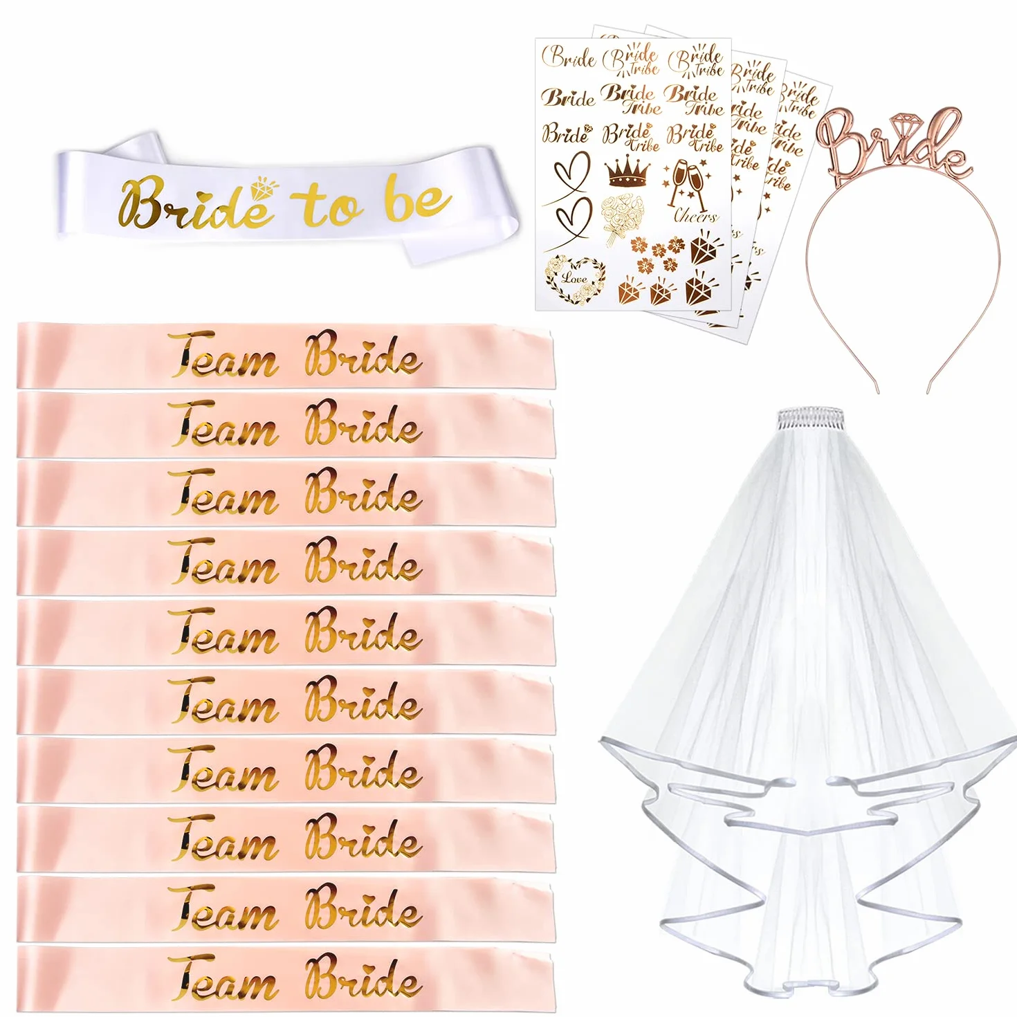 16 Pezzi Gadget Addio al Nubilato Sposa e Amiche, Velo Sposa Addio al Nubilato Gadget, Team Bride, Bride to be Addio al Nubilato, Fasce Addio al Nubilato