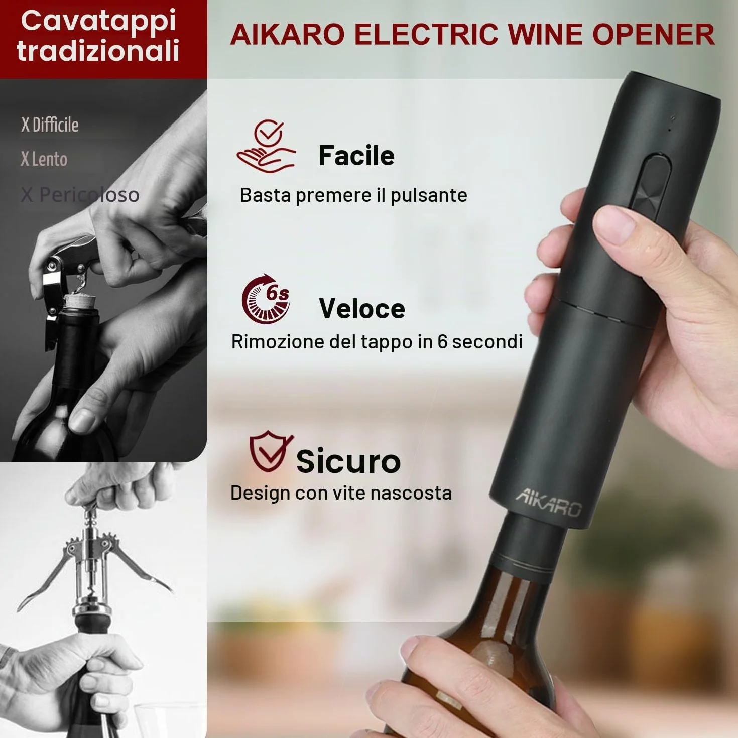 AIKARO - Cavatappi Elettrico Apribottiglie Elettronica Automatico per Vino, Ricaricabile (Set C)