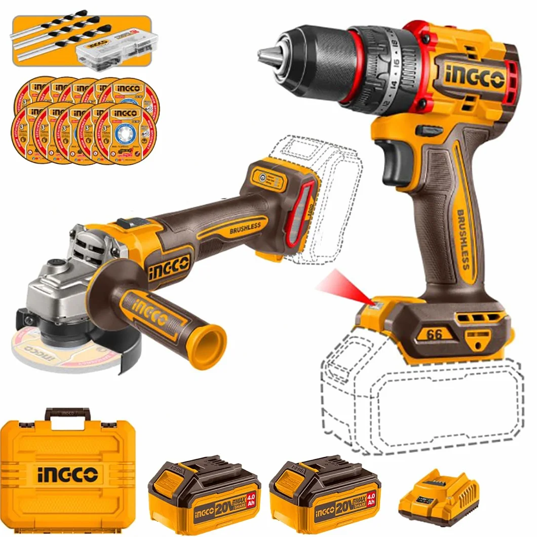 Ingco CKLI20273E Set Smerigliatrice Angolare 115 mm Trapano a Percussione 20 V 2 Batterie 4 Ah Valigetta