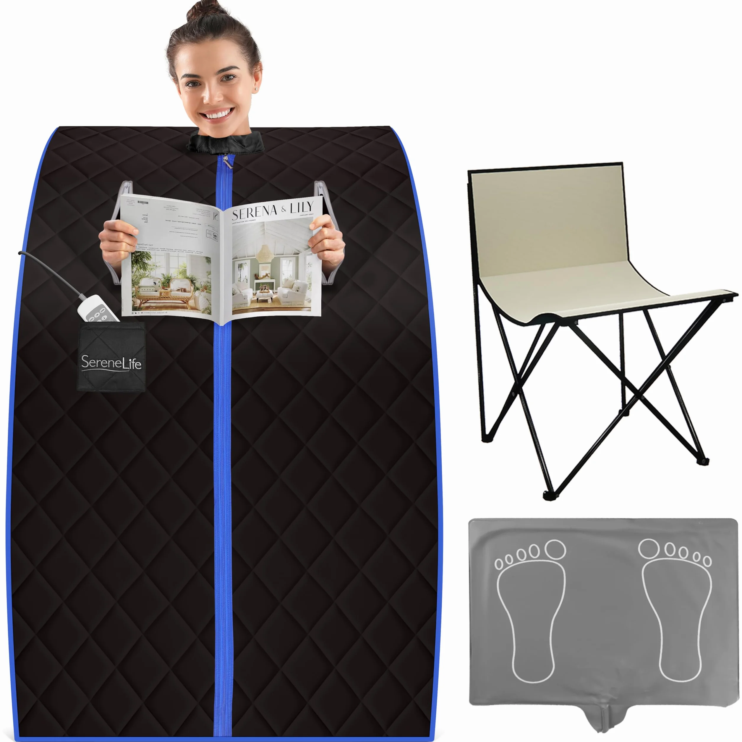 SereneLife Sauna a Vapore Portatile, Sauna Monoposto da Casa, Bagno Turco, Sauna Infrarossi con Tappetino Scaldapiedi e Sedia Pieghevole, Cabina Domestica per Spa, Nero