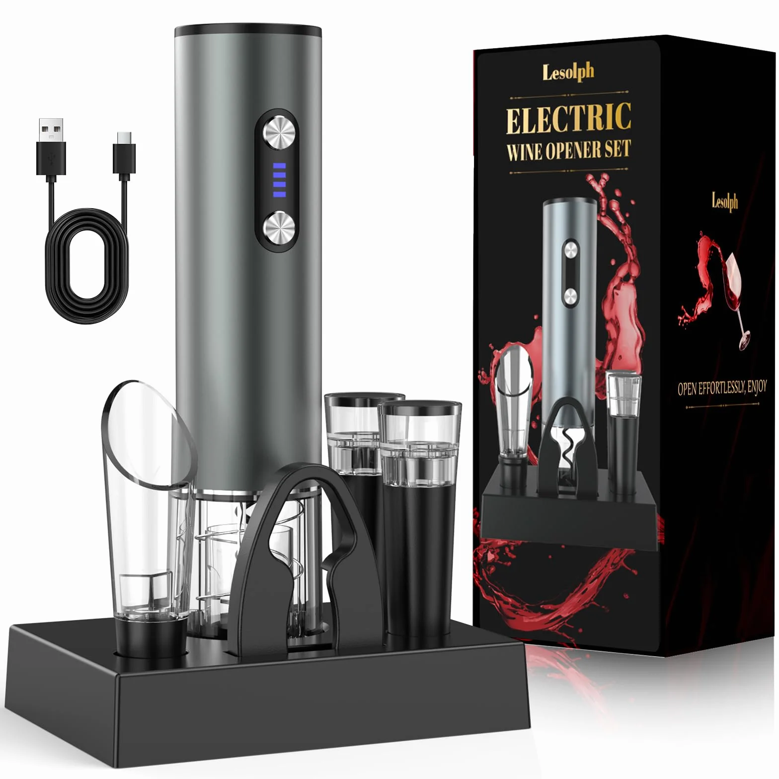 Cavatappi elettrico ricaricabile inox per vino, apribottiglie elettrico idee regalo uomo donna compleanno con aeratore vino, 2 tappi sottovuoto, taglierina per fogli di alluminio e cavo USB