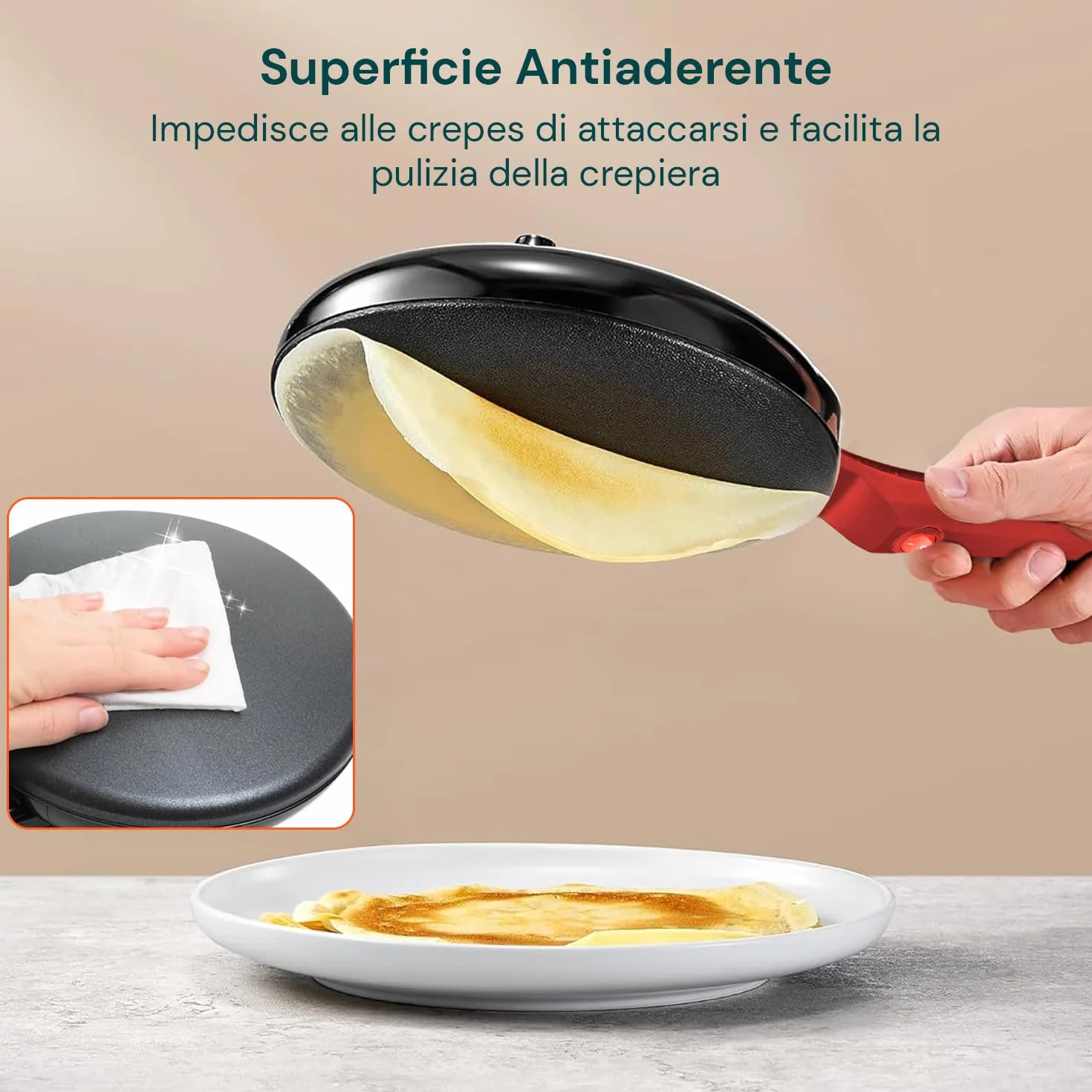 Wintem Yummi Crepiera Elettrica ad Immersione 600W - Set Completo con Ciotola e Frusta - Piastra Antiaderente Ø 20 cm - Macchina per Crepes Sottili, Pancake e Tortillas - Facile da Pulire - Rossa