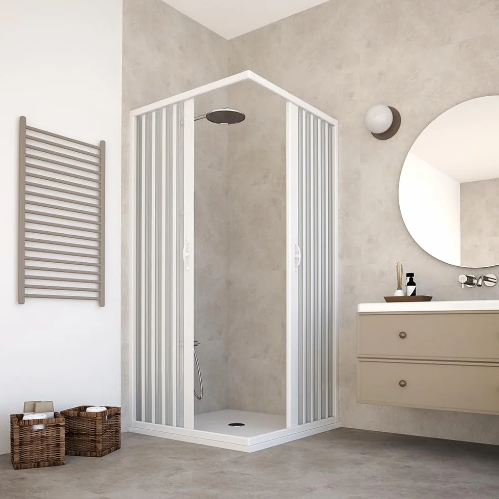 Box Doccia Angolare a Soffietto PVC Modello Paola Doppia Anta Reversibile Riducibile Bianco 80x80x185 cm HD CASA