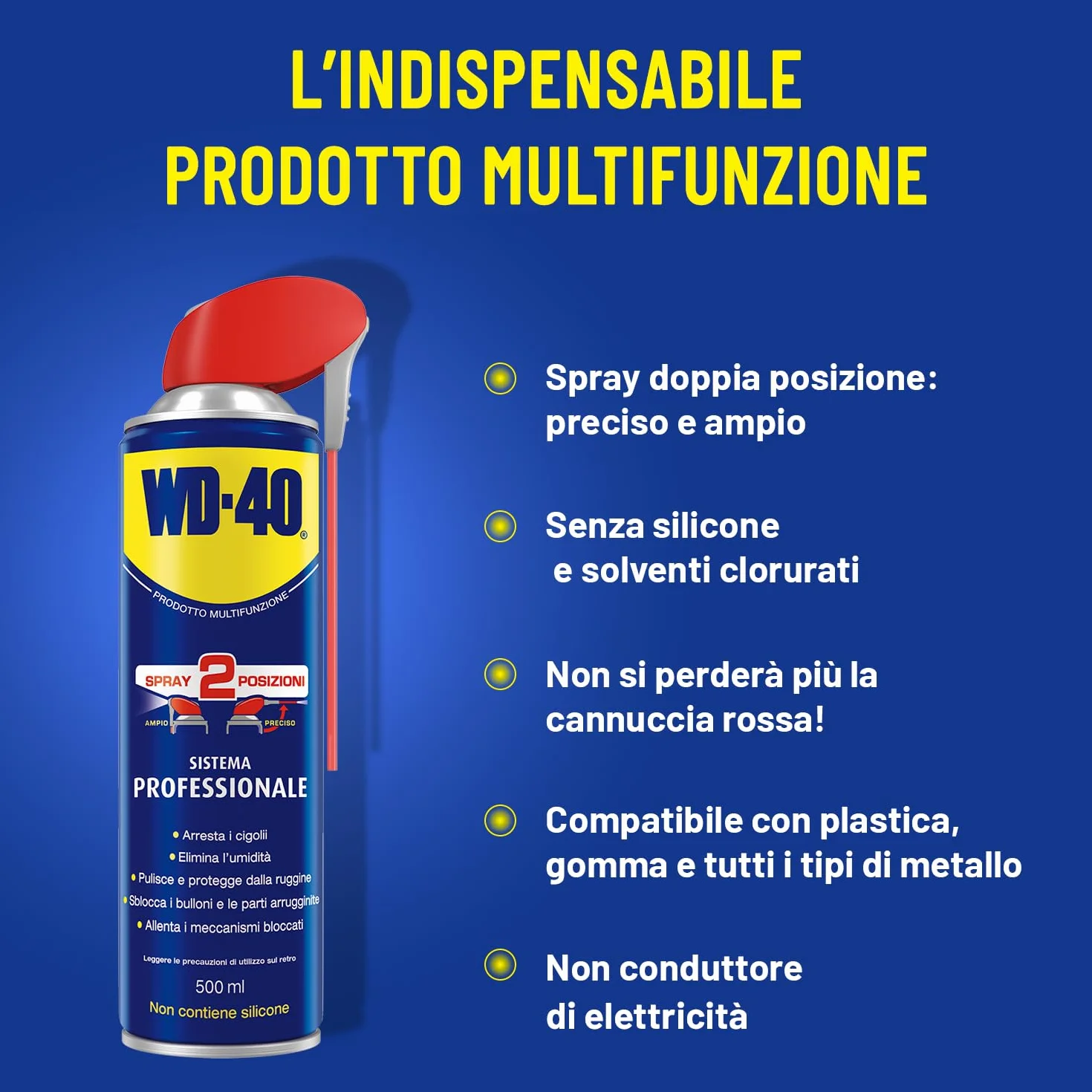 WD-40 Lubrificante Spray Multifunzione 500 ml - Sbloccante Antiruggine Idrorepellente per Metalli Plastica Gomma - Formula Professionale Senza Silicone - Casa Auto Bici Fai da Te