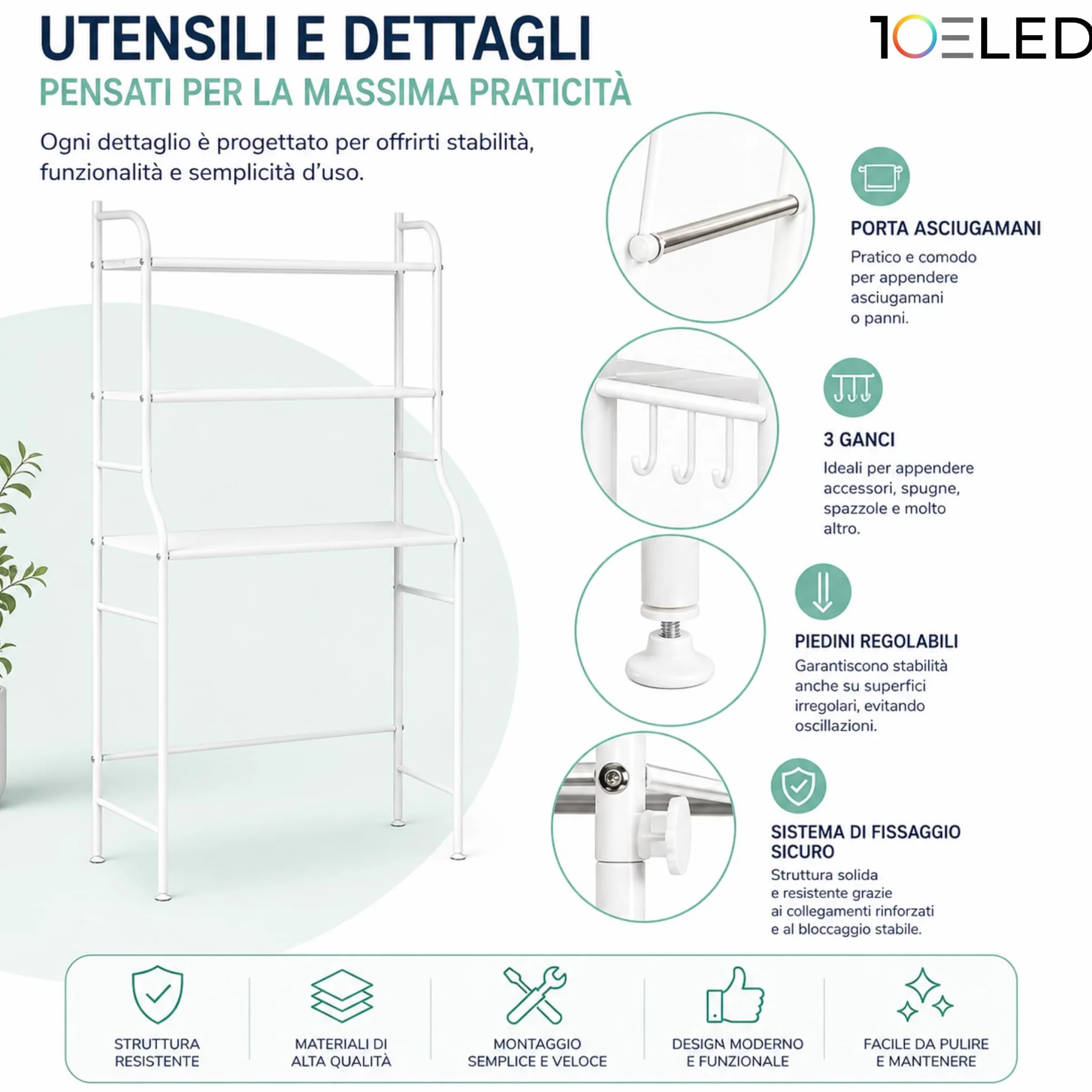 Mobile Lavatrice Salvaspazio con 3 Ripiani STABILE - Scaffale Organizer Bagno e Lavanderia in Acciaio - MONTAGGIO SEMPLICE con Ganci Laterali e Piedini REGOLABILI per Detersivi, Asciugamani e Altro