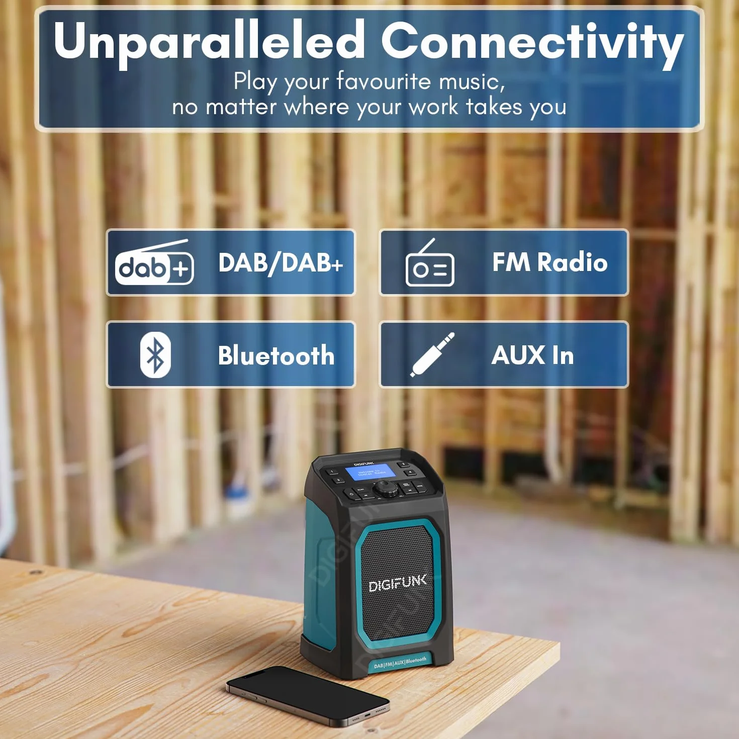 Radio da cantiere DigiFunk | Ricaricabile via USB | DAB+, DAB, FM, Bluetooth, Ingresso AUX | Design resistente all'acqua IP65 ultra resistente e durevole | Perfetta per edili (Rosso)