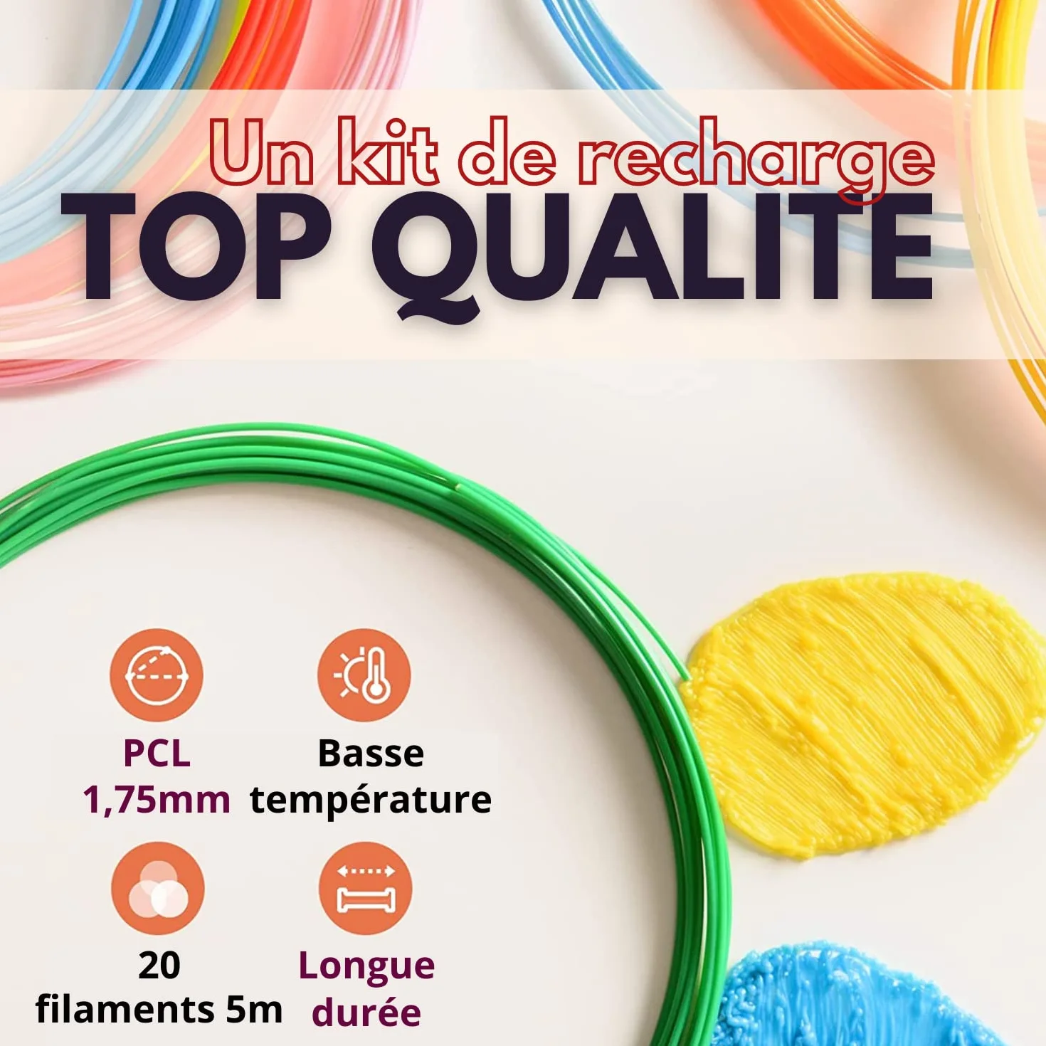 ABBICREA Set di 20 ricariche di filamento PCL per penna 3D a bassa temperatura - PCL 1,75 mm - Sicuro biodegradabile senza sostanze tossiche nocive - 2x10 colori da 5m - penna per stampa 3D