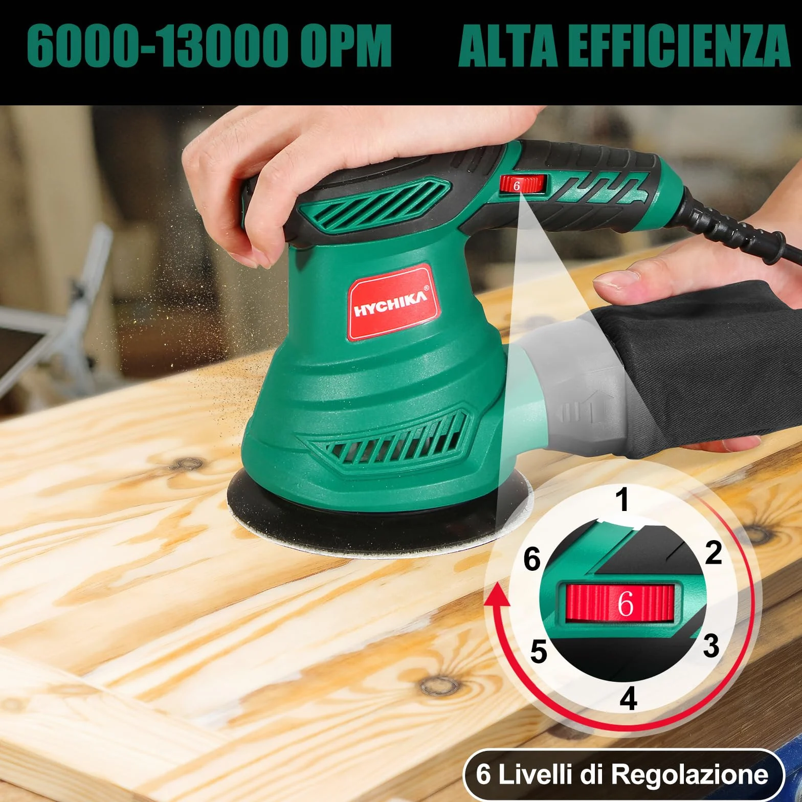 HYCHIKA Levigatrice Orbitale 300W 6 Velocità 13000 RPM 125mm Dischi Abrasivi