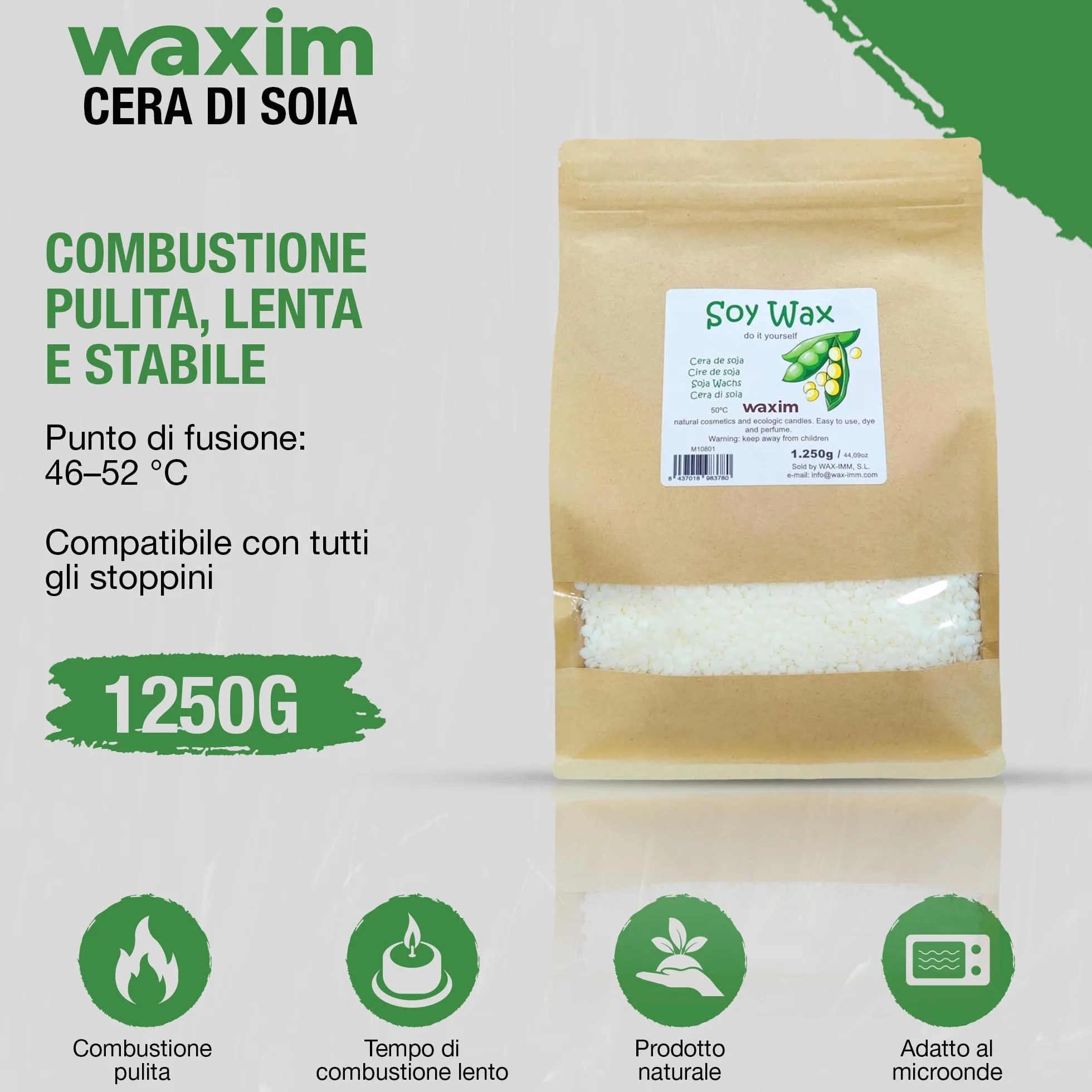 Cera di soia WAXIM per candele in perle | Cera di soia naturale, cera per realizzare candele fatte in casa e profumate 1250 g | A base vegetale in contenitori | Fusione uniforme