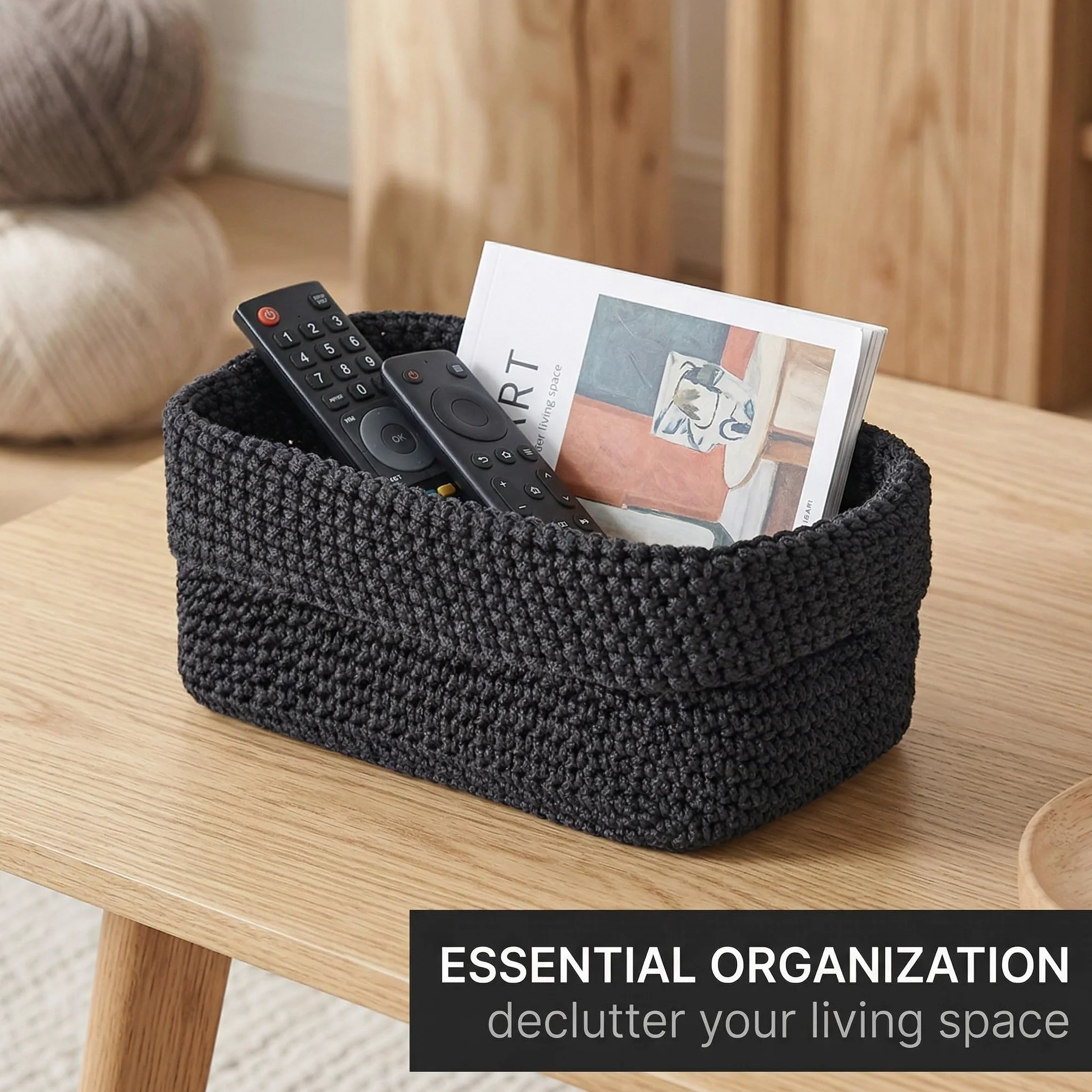 Cestino Portaoggetti Nero, Cestino Intrecciato a Mano in Corda di Cotone, 21×13×15,5 cm, Piccolo Cestino Intrecciato, Scatola Organizzatrice per Cucina, Bagno, Mensole, Pane e Cosmetici