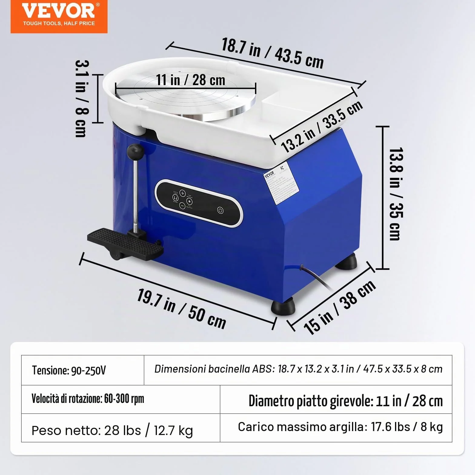 VEVOR Tornio per Ceramica Argilla con Pedale 450 W Diametro 28 cm Velocità 60-300 giri/min, Macchina Ruota di Ceramica Fai-da-te Hobbista Controllo con Schermo LCD 450W Livello di Rumore entro 60 dB