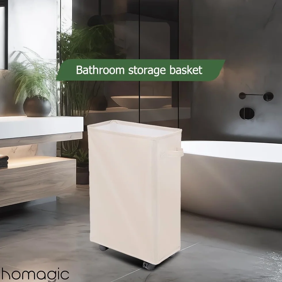 Cesto della Biancheria con Ruote 40L - Cesta del Bucato Sottile Pieghevole, Cesto Portabiancheria Rettangolare in Piedi, Sottile Secchi per La Biancheria per Hotel, Deposito Familiare (Beige)