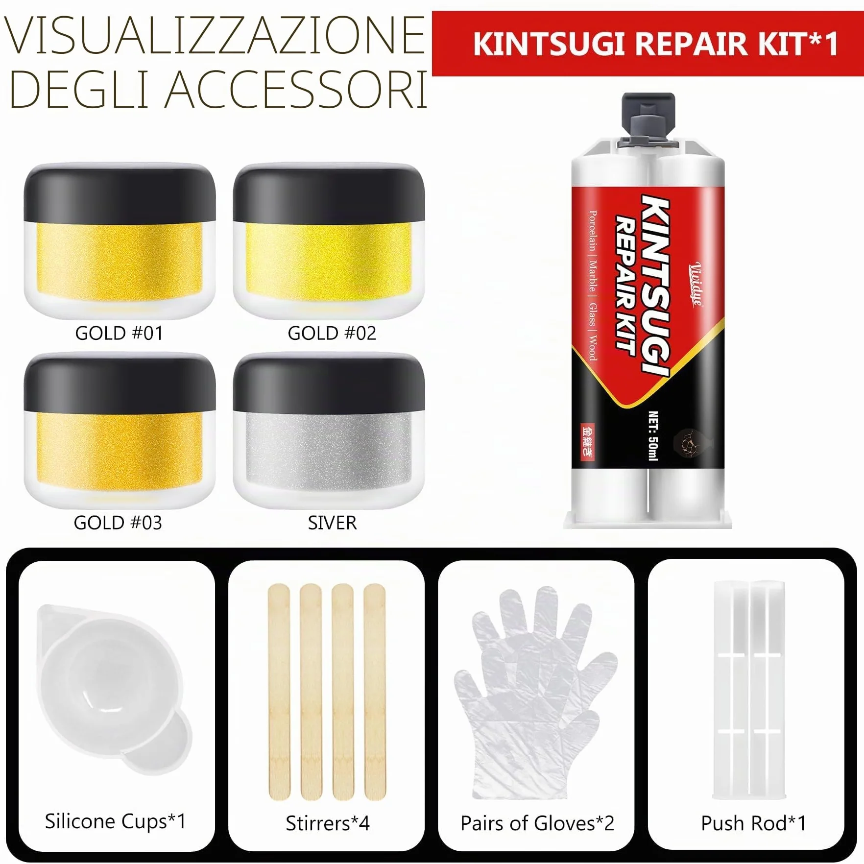 Kit di Riparazione Kintsugi 50ml - Colla Ceramica Abbinata a Polvere Dorata e Argentata per Ciotole e Vasi, Sicurezza della lavastoviglie kit kintsugi per Riparazione Perfetta di Oggetti Significativi