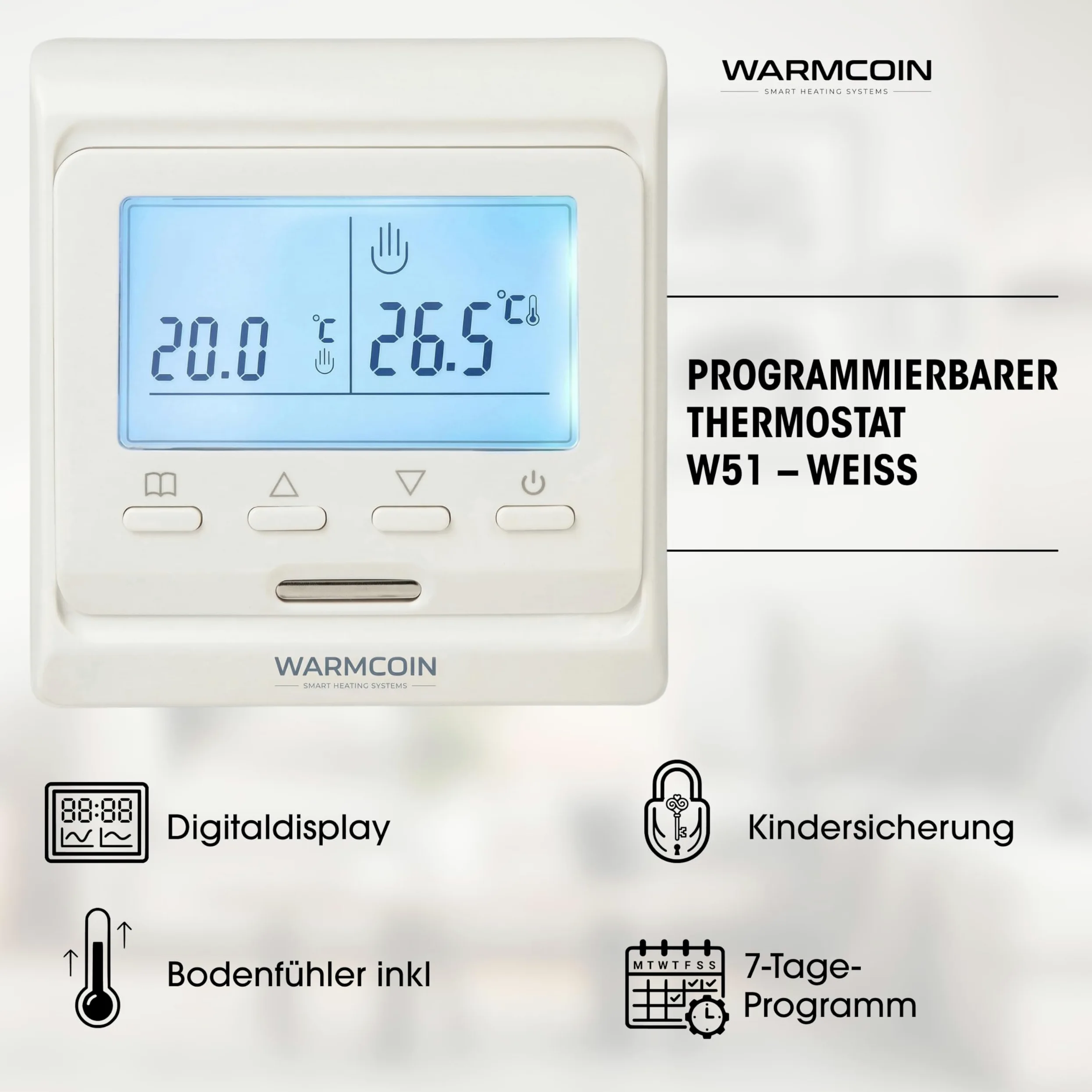 Kit Riscaldamento a Pavimento Elettrico 160W/m² – Stuoia Autoadesiva 3,5 m² (0,5x7m) – Piastrelle, Laminato, Vinile – Con Cronotermostato LCD Programmabile W51 Bianco