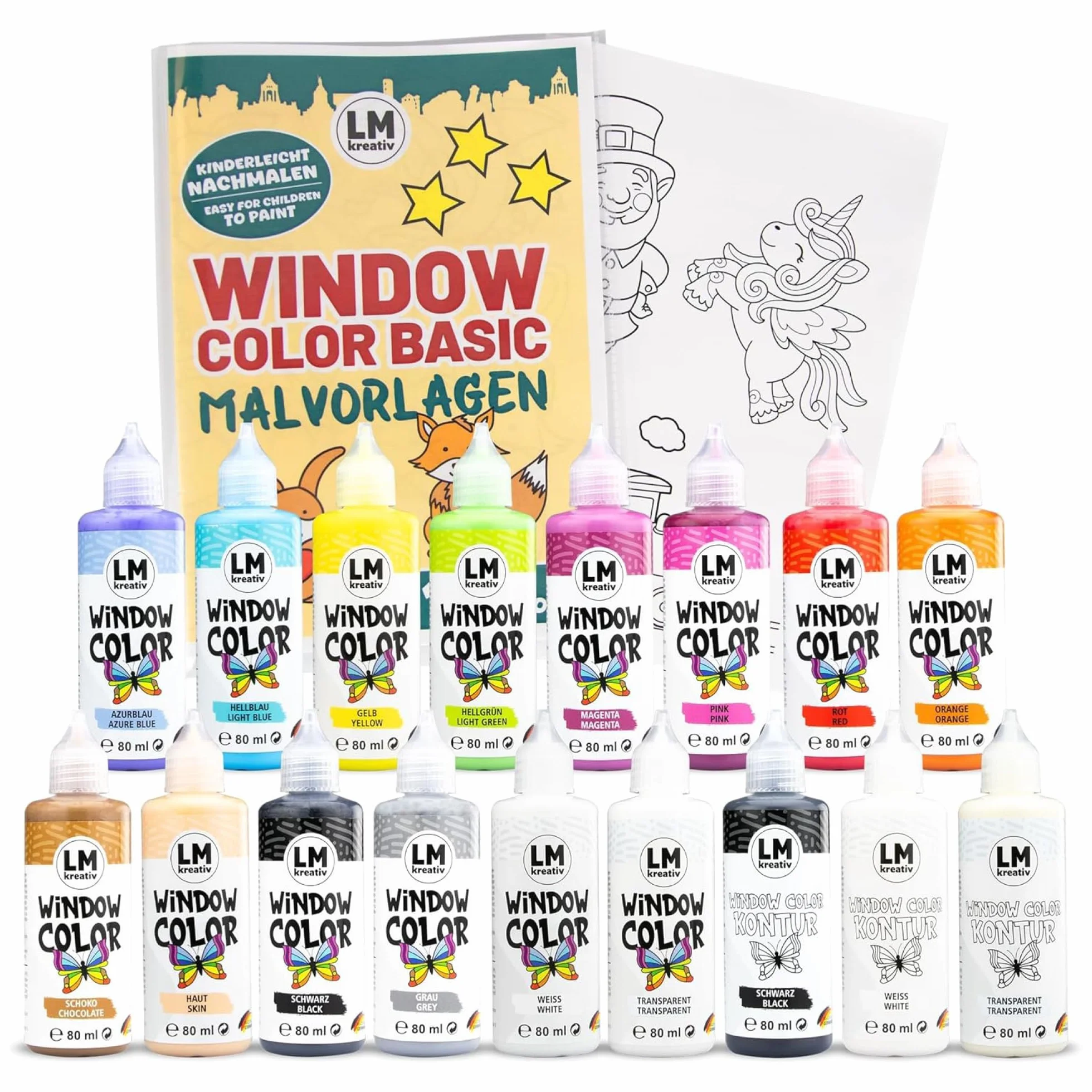 Set Window Color LM (17 × 80 ml) - Pittura per bambini riposizionabile per finestre con contorni e modelli - Pittura decorativa per finestre senza residui per vetri, specchio, piastrelle