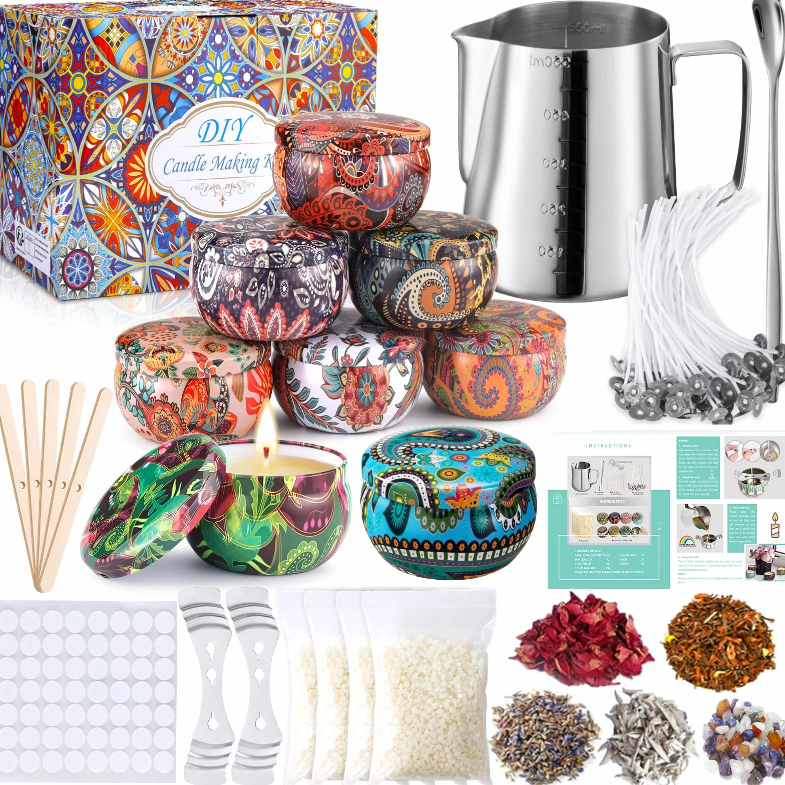 Kit di produzione di candele di cera fai da te, candele fai da te, kit fabbricazione candele profumate, 50 stoppini di candela, 1 vaso di fabbricazione, 8 scatole di vasi, 56 adesivi per
