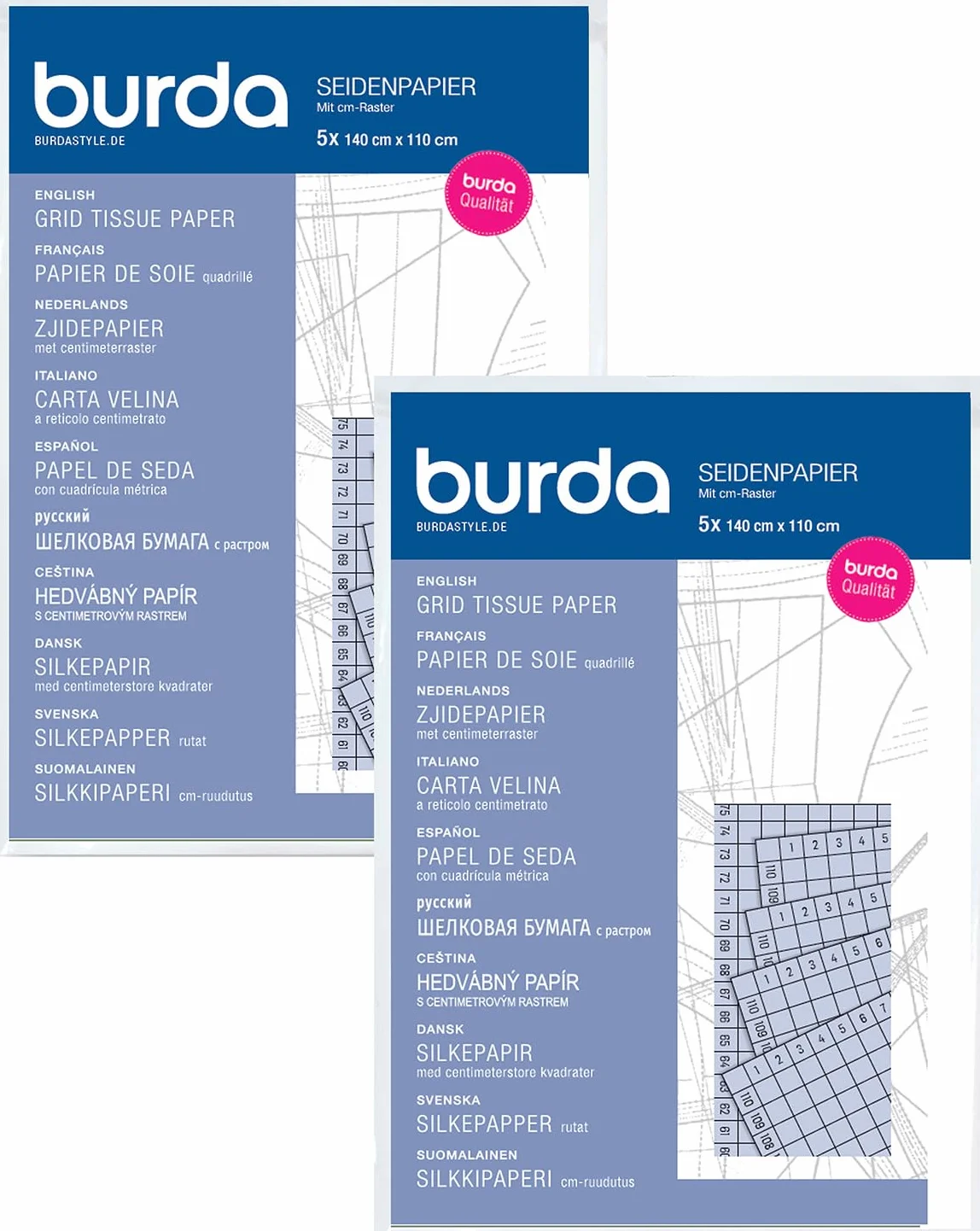 Burda Style - Confezione doppia di carta velina con griglia centimetrica | semitrasparente | 2 x 5 fogli 140 x 110 cm