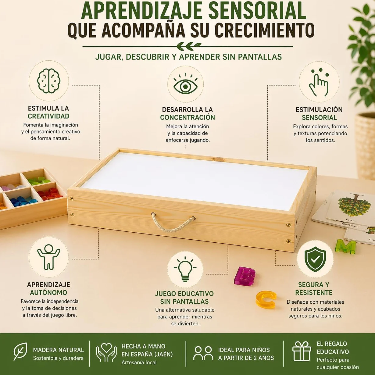 Tavolo luminoso Montessori artigianale, 60 x 40 cm, giocattolo educativo in legno fatto a mano in Spagna, luce LED uniforme per l'apprendimento sensoriale dei bambini