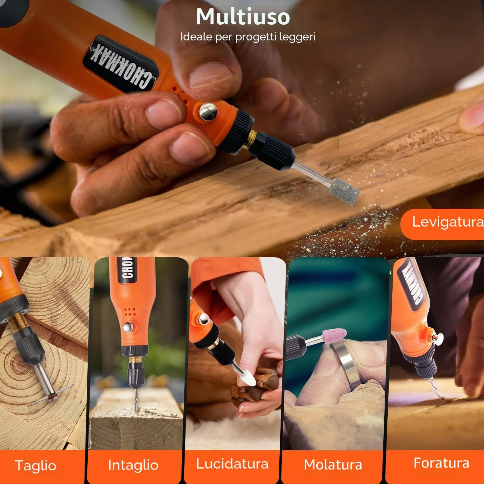 Mini utensile rotante senza fili, kit smerigliatrice 5 velocità con 72 accessori, luce LED, ricarica tipo C