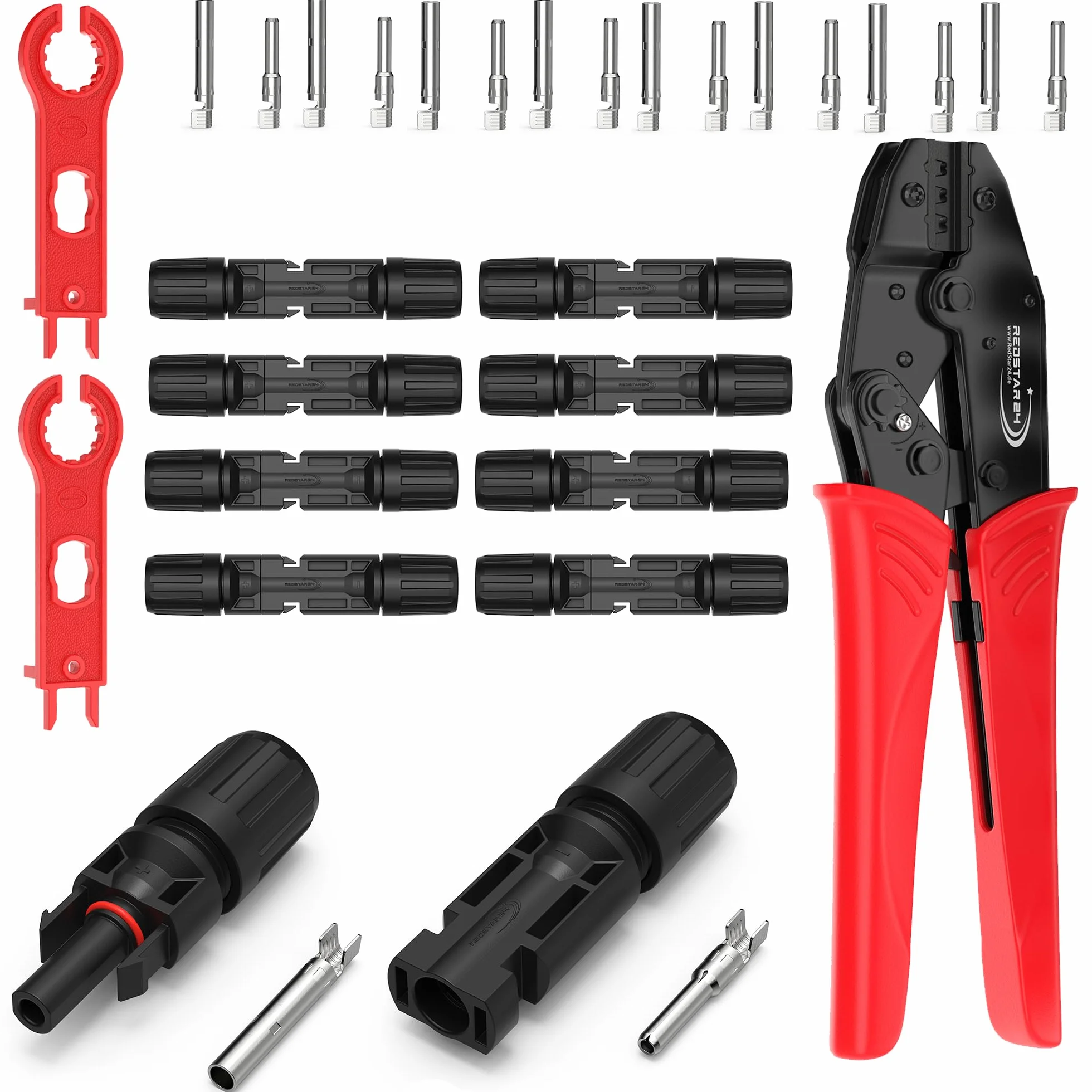 RedStar24 Set Pinze Crimpatura Solare 2,5/4/6mm² con 10 Connettori Maschio & Femmina, 2 Chiavi per Montaggio, Crimpatrice per Cavi Solari PV e Impianti fotovoltaico