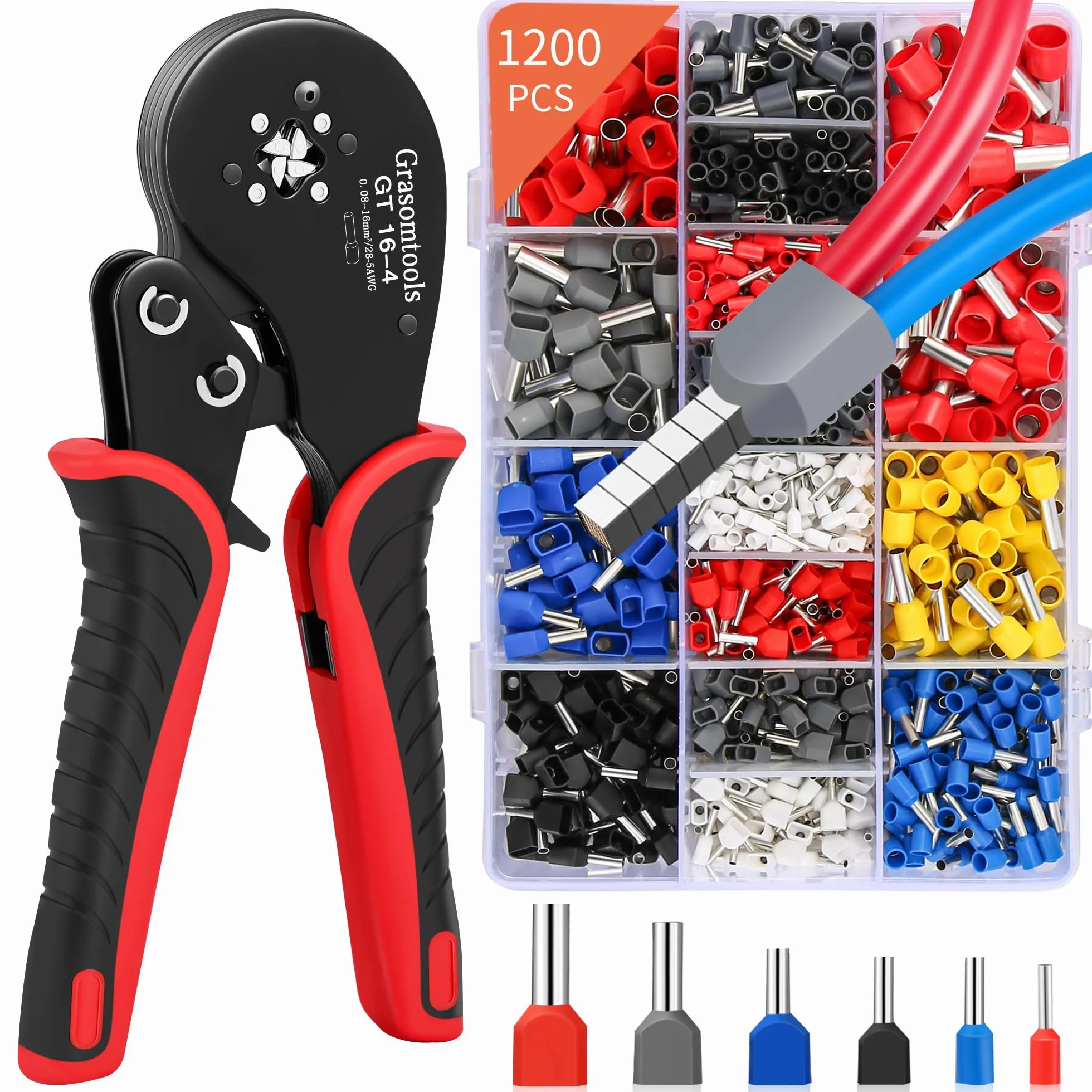 Kit di strumenti per crimpare ghiere, connettori a ghiera doppia e singola, pinze a crimpare filo a ganascia quadrilatera (0,08-16 mm²) con manicotti per connettori terminali 1200 pezzi