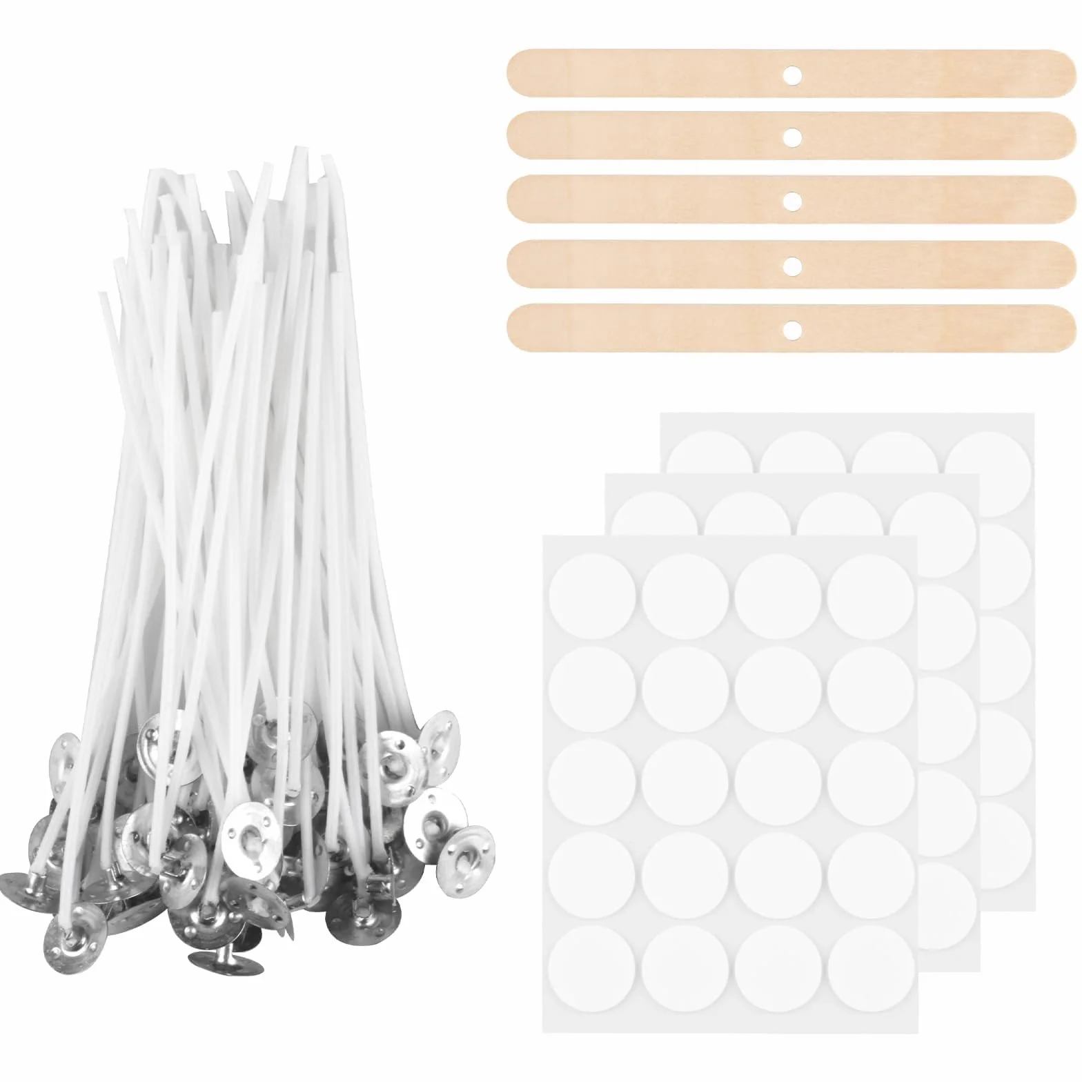 Stoppini per Candele, 100 Pezzi, stoppini per Candele, 5 cm, stoppini Naturali con Porta stoppino in Legno e Adesivi per stoppini su Entrambi i Lati, per la Produzione di Candele