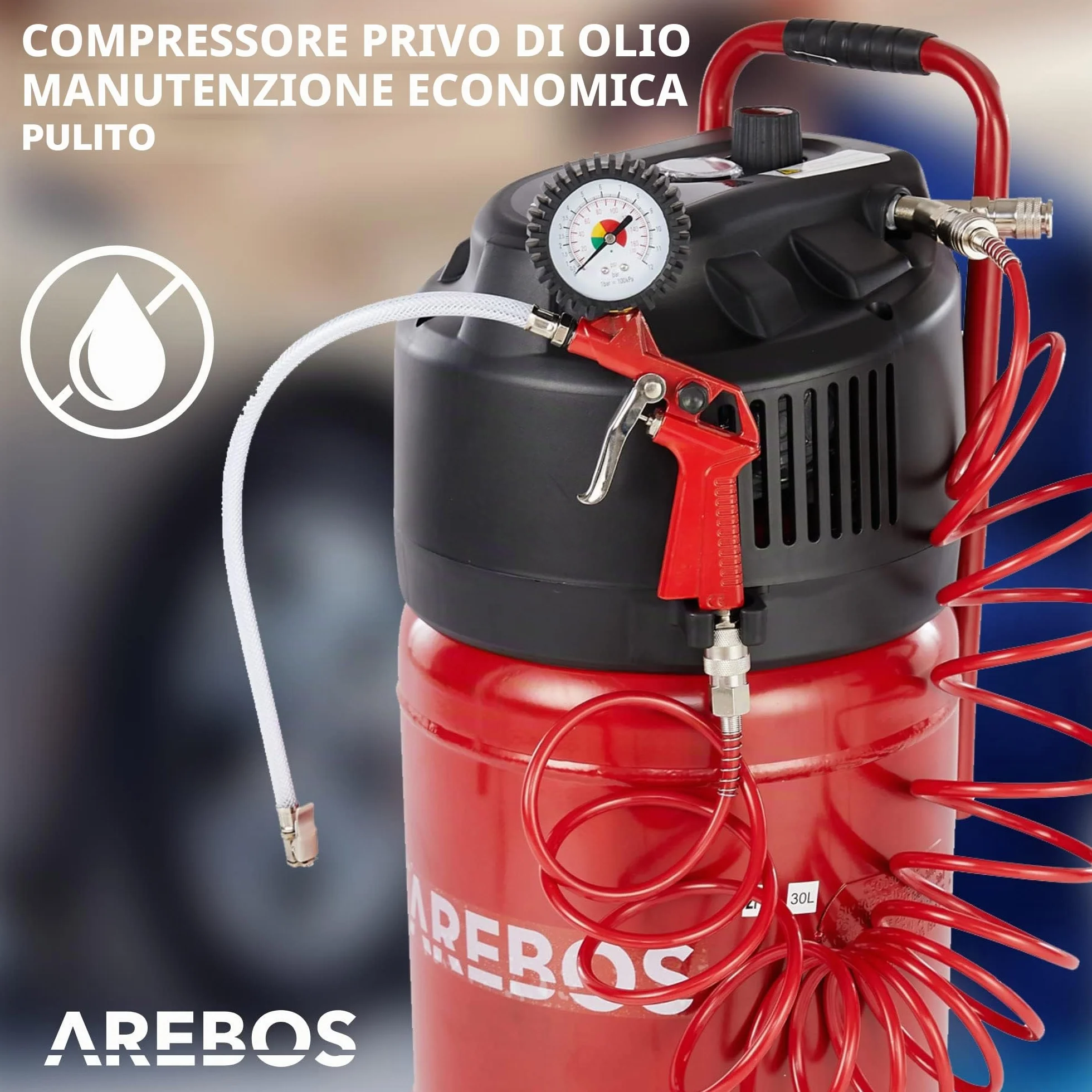 Arebos Compressore ad aria compressa 1500W | 30l | incluso set da 13 pezzi | senza olio | 240 L/min | doppio attacco Euro | 10bar| Capacità: 50 l, 30 l o 6 l (30 litri)